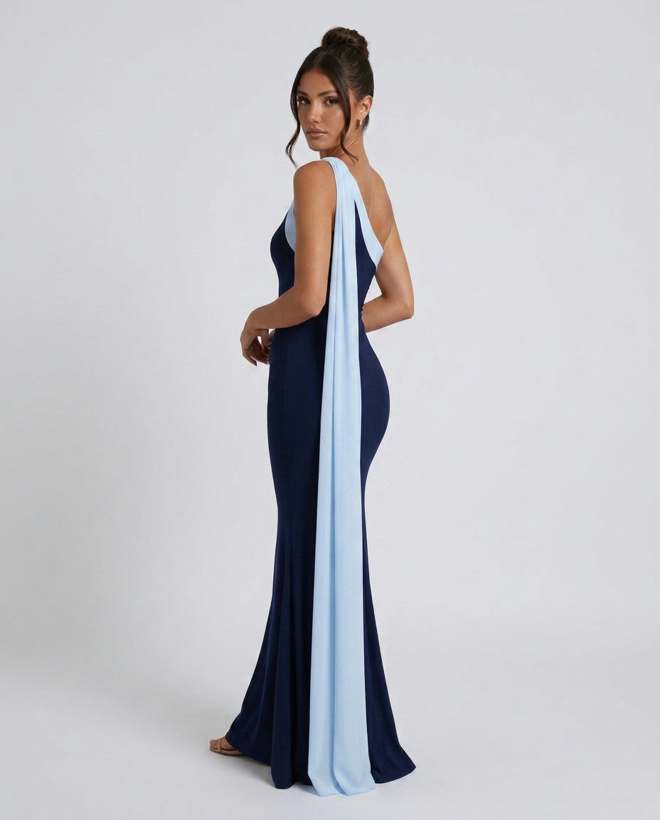 Quinn | Asymmetric Neckline Chiffon-Look Maxi Dress