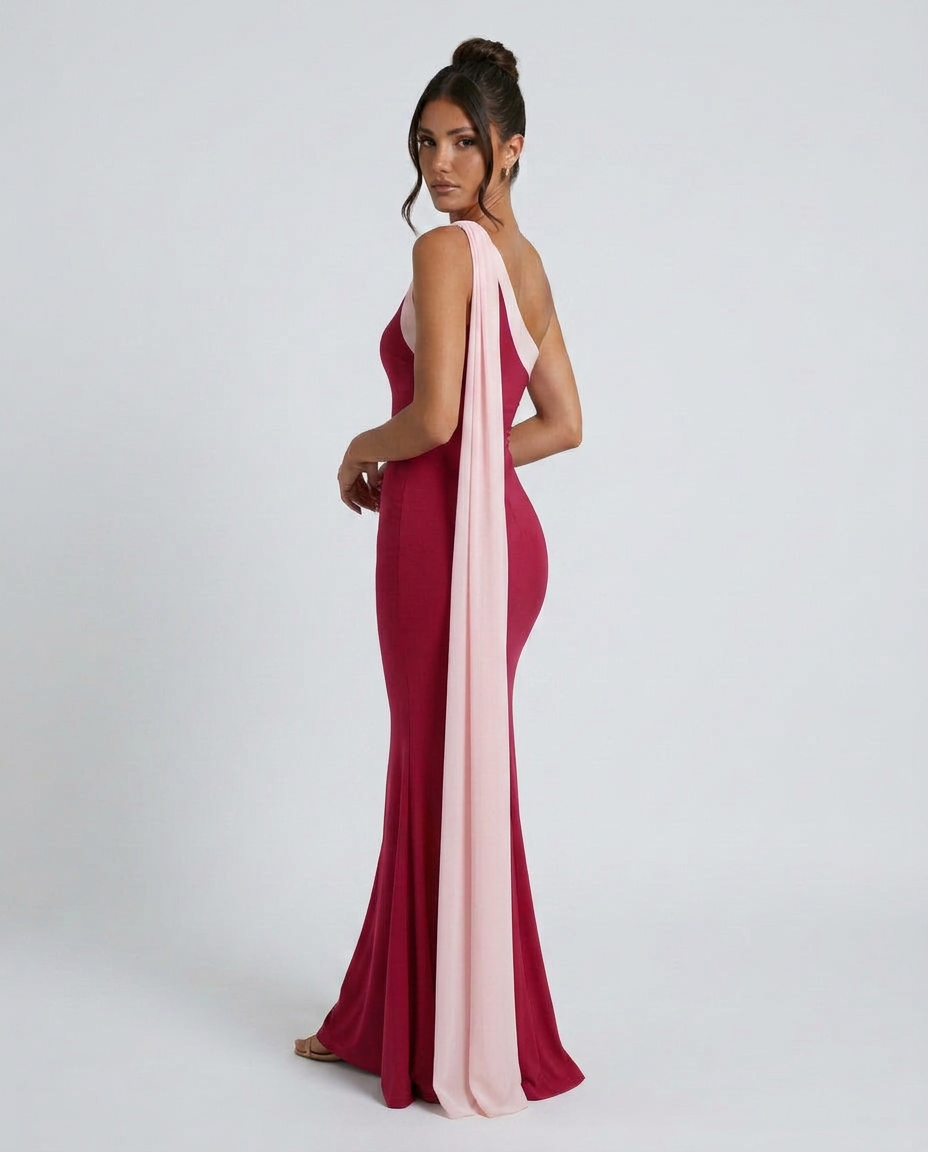 Quinn | Asymmetric Neckline Chiffon-Look Maxi Dress