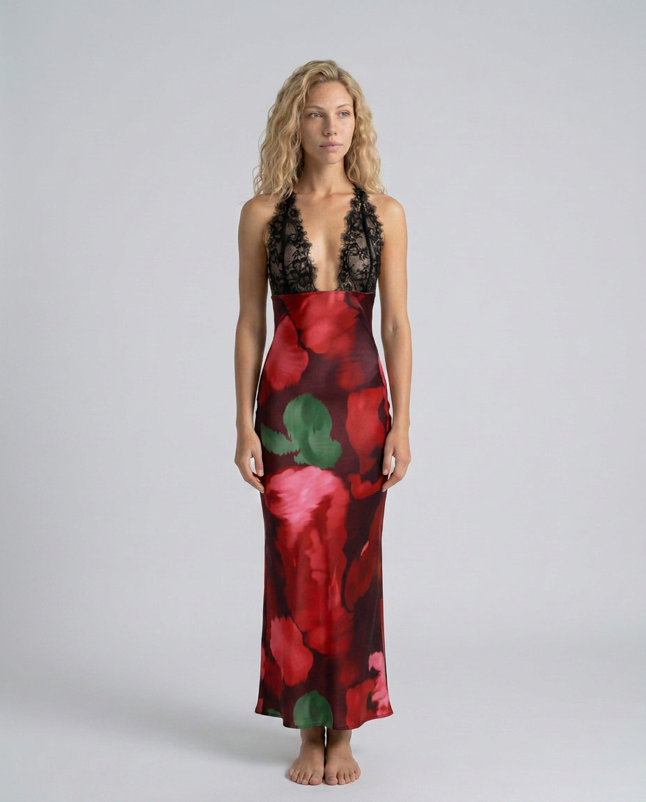 Ada | Halter Neck Lace Leopard Maxi Dress