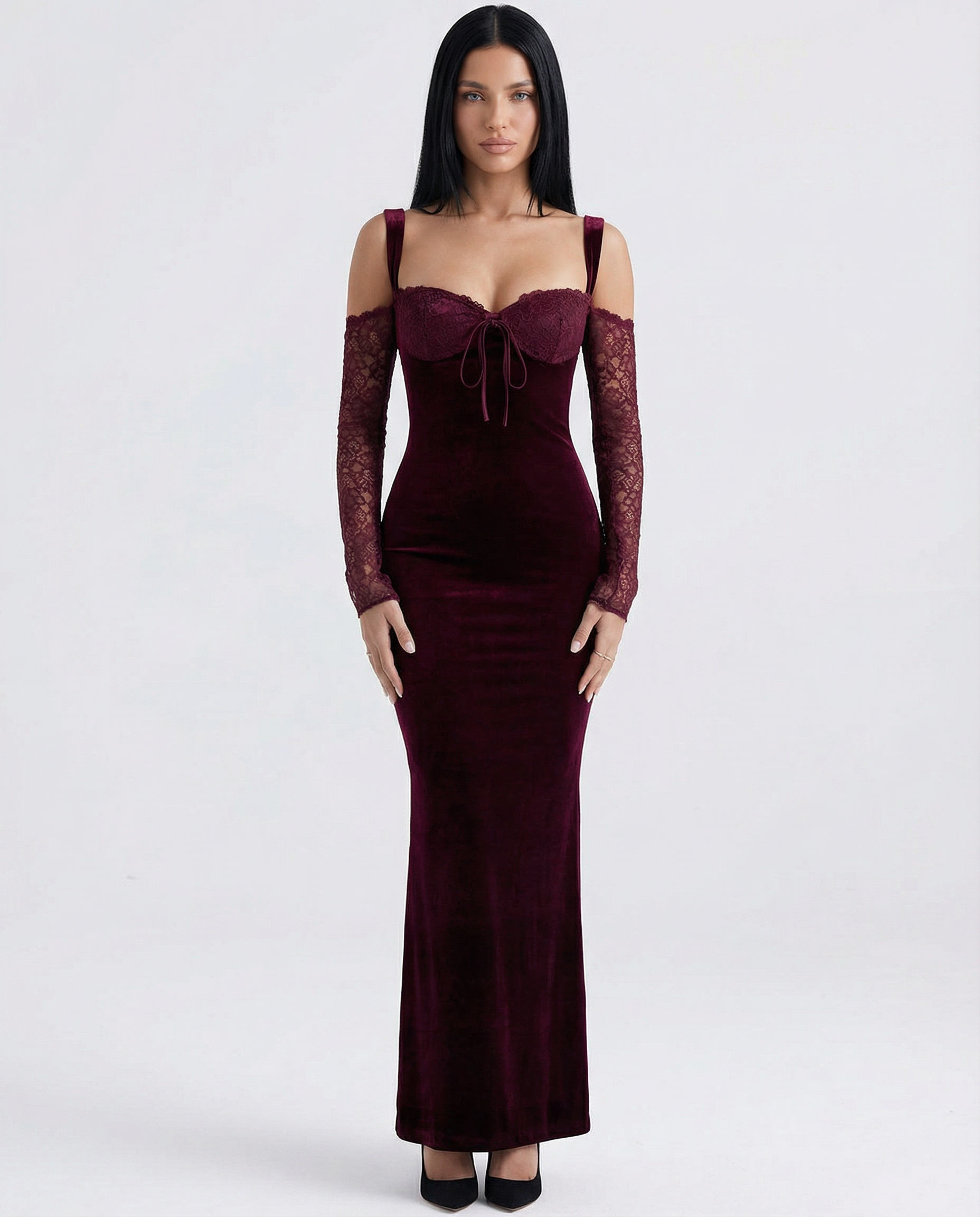Wanda | Velvet Lace Sleeve Maxi Dress