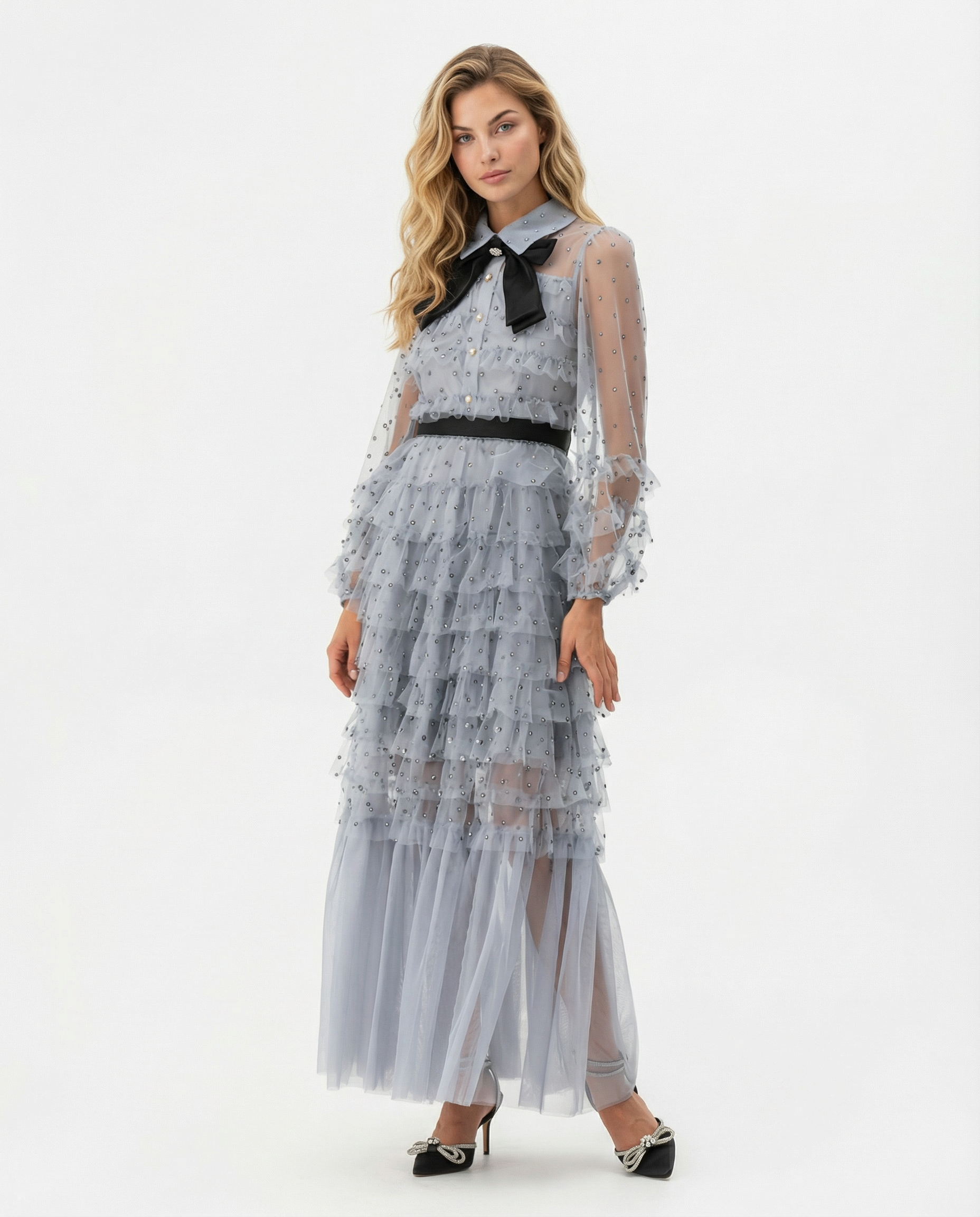 Gayle | Maxi Dress with Polka Dot Tulle and Ruffle Layers