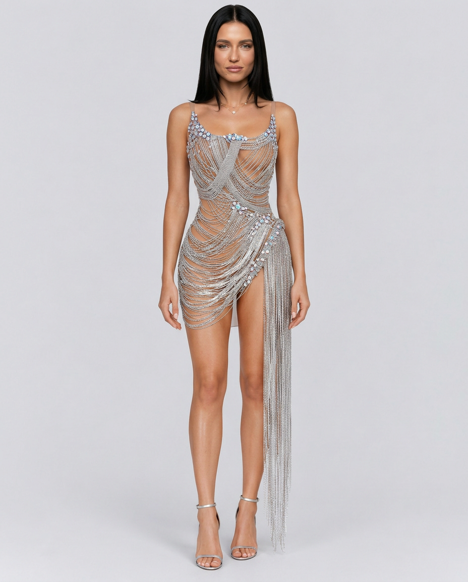 Alba | Embellished Diamond Chain Mini Dress