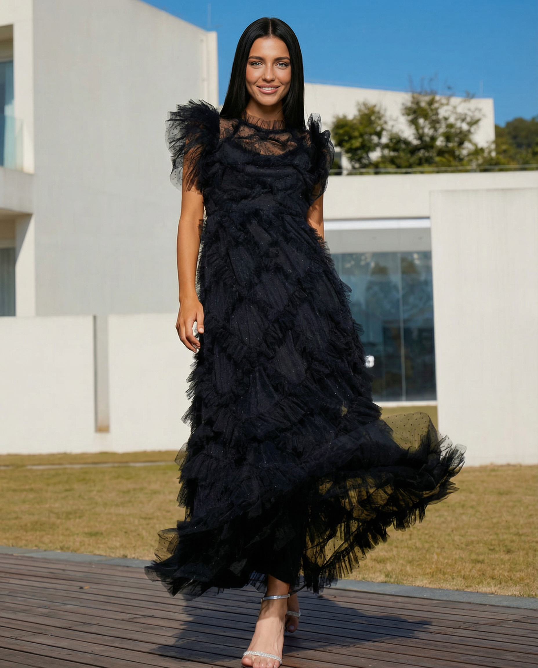 Ila | Maxi Dress with Ruffle Tulle and Sheer Panel