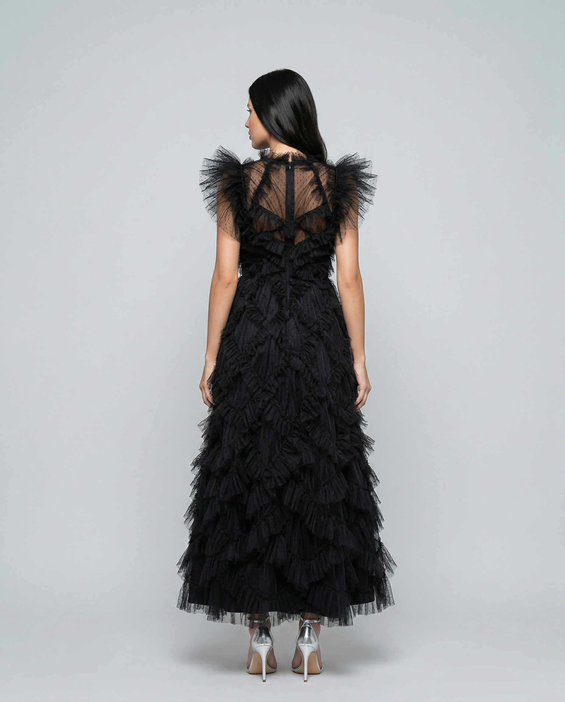 Ila | Maxi Dress with Ruffle Tulle and Sheer Panel