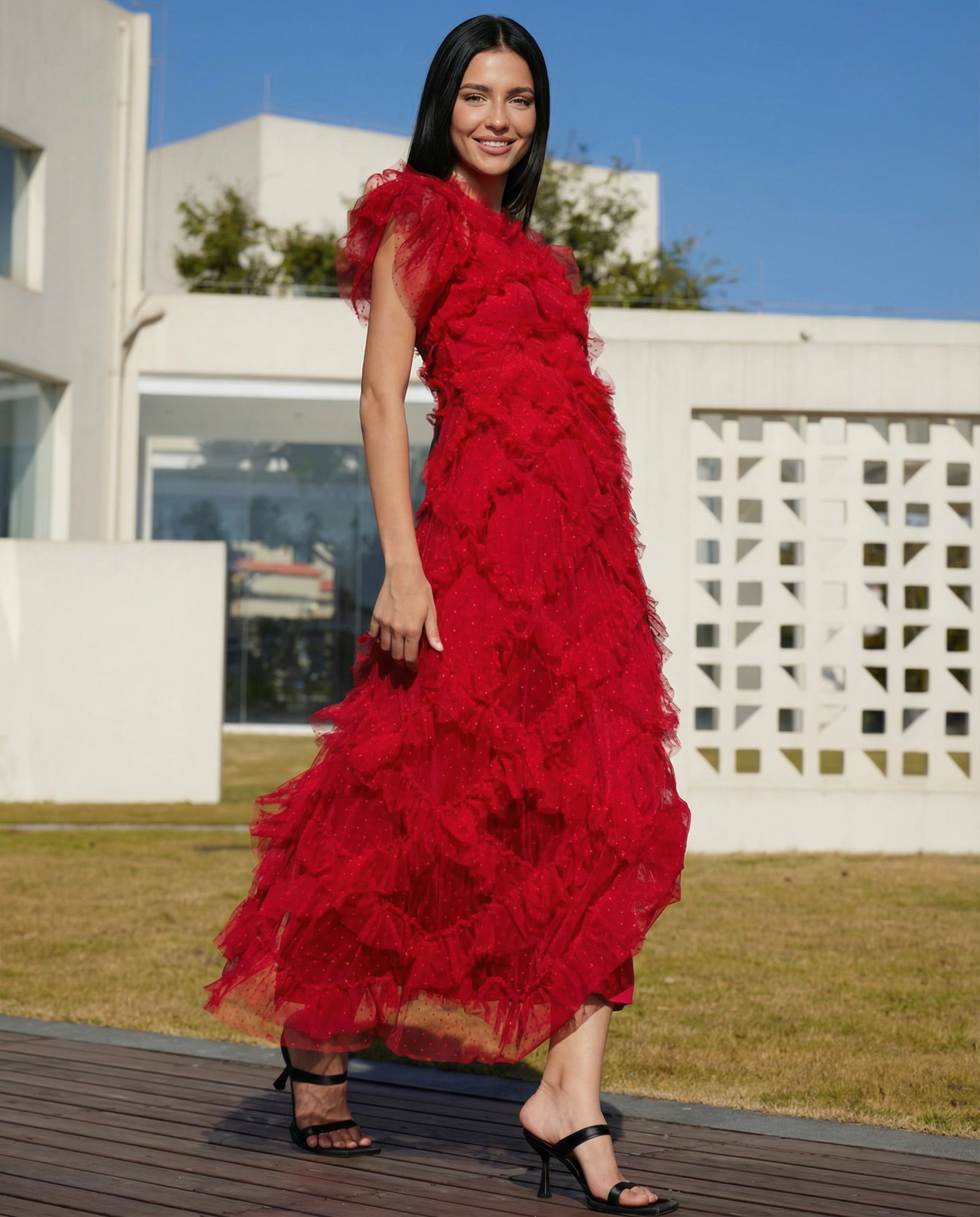 Ila | Maxi Dress with Ruffle Tulle and Sheer Panel