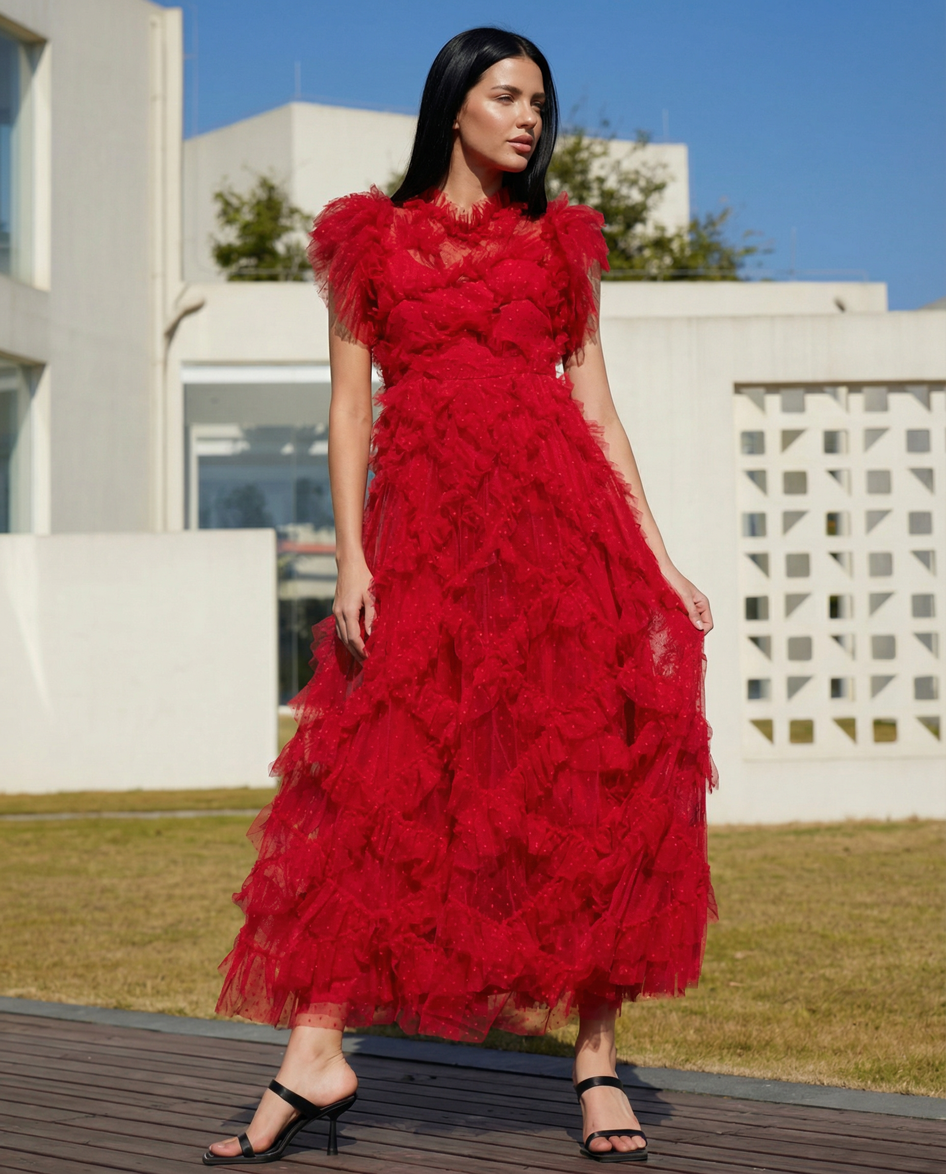 Ila | Maxi Dress with Ruffle Tulle and Sheer Panel