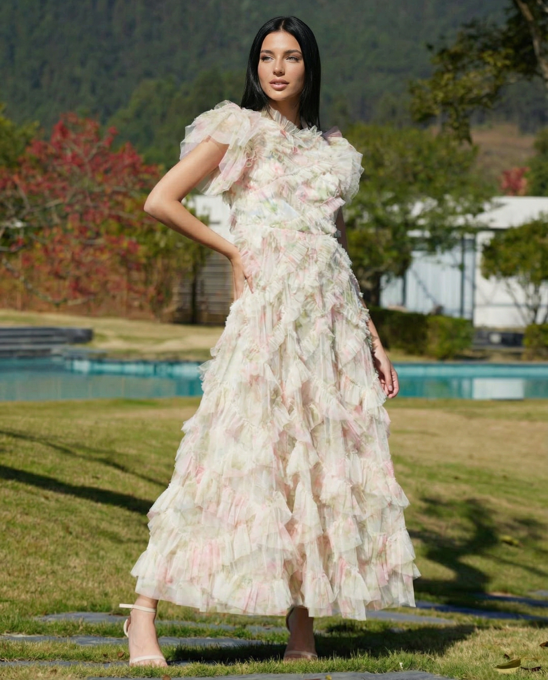 Ila | Maxi Dress with Ruffle Tulle and Sheer Panel