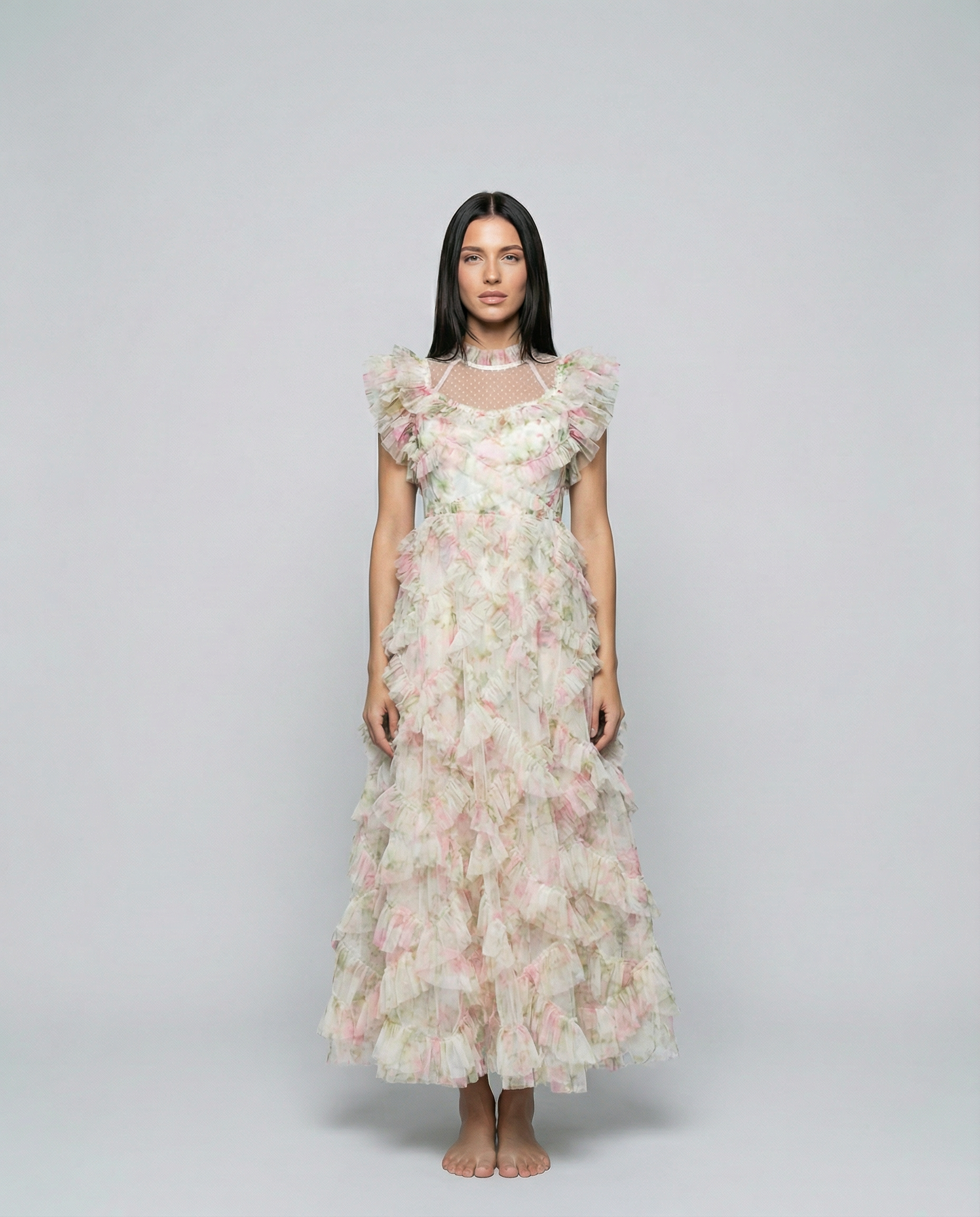 Ila | Maxi Dress with Ruffle Tulle and Sheer Panel