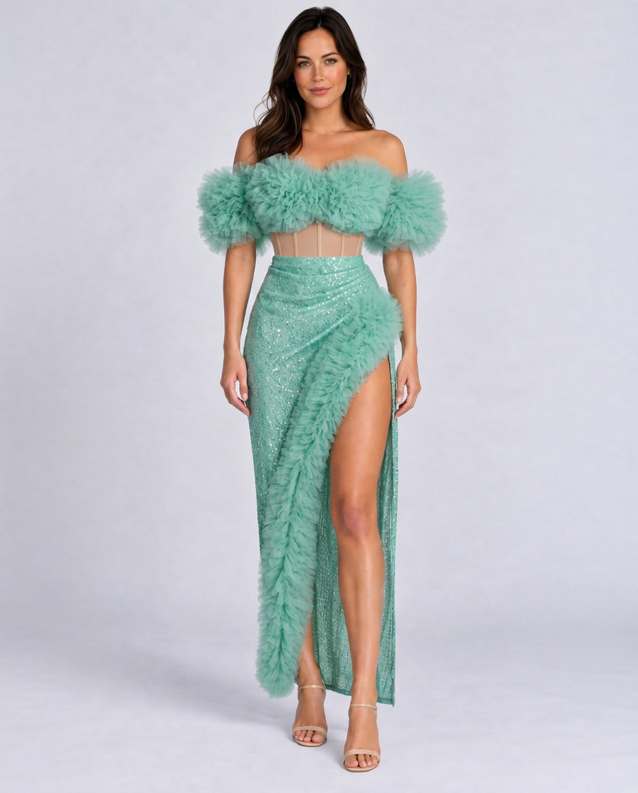 Kira | Corset Tulle Trimmed Sequin Skirt Set
