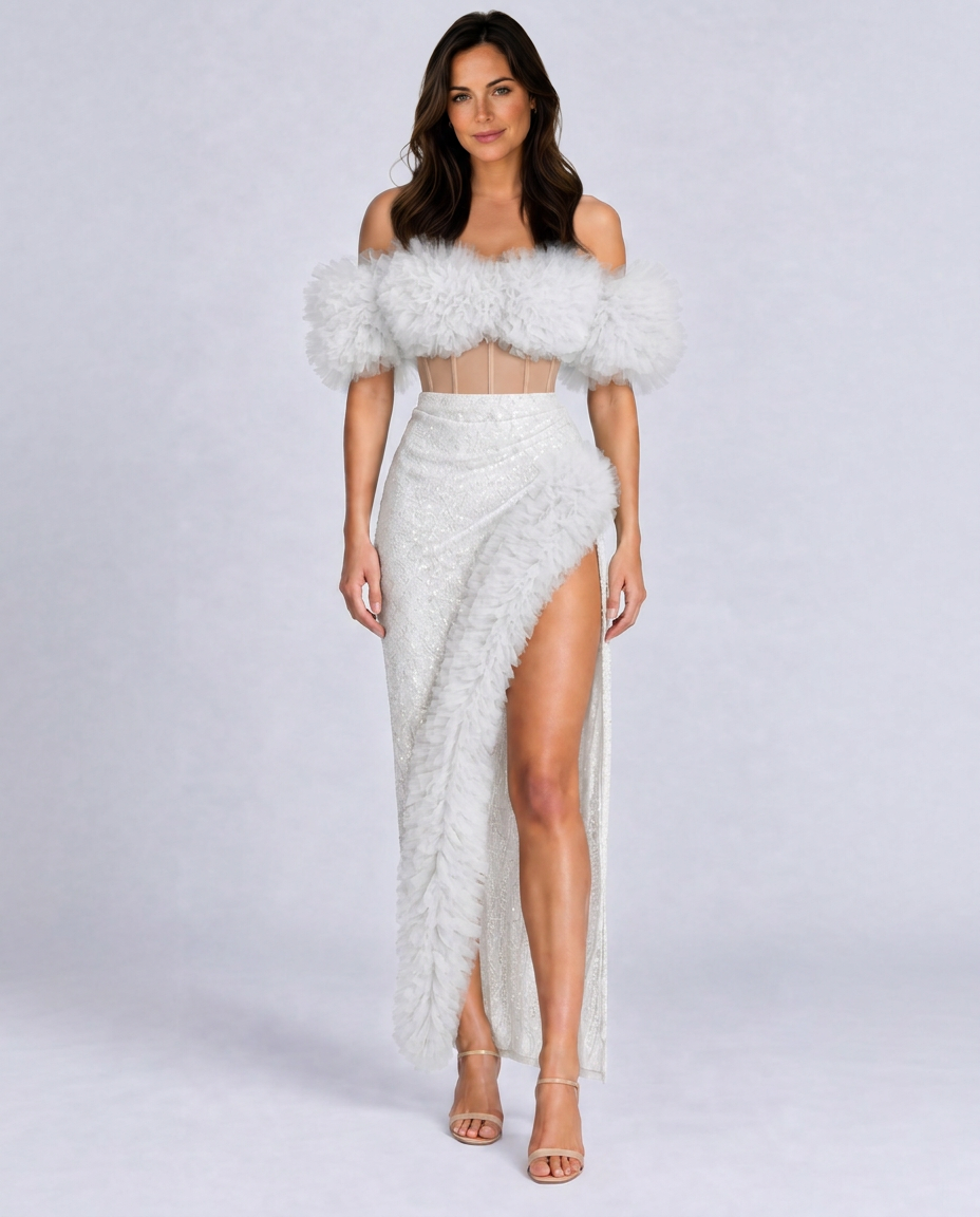 Kira | Corset Tulle Trimmed Sequin Skirt Set