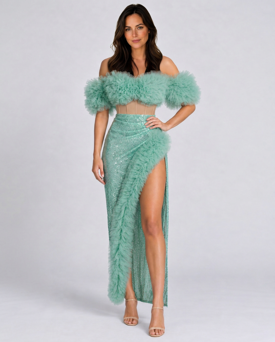 Kira | Corset Tulle Trimmed Sequin Skirt Set
