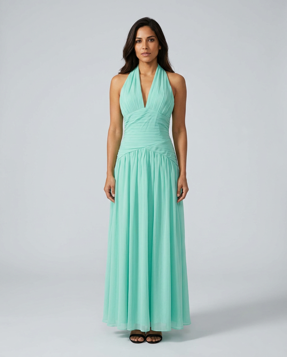 Edda | Halter Neck Lace-Trim Gathered Maxi Dress