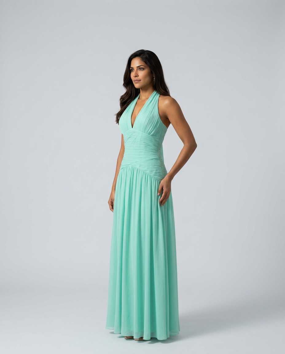Edda | Halter Neck Lace-Trim Gathered Maxi Dress
