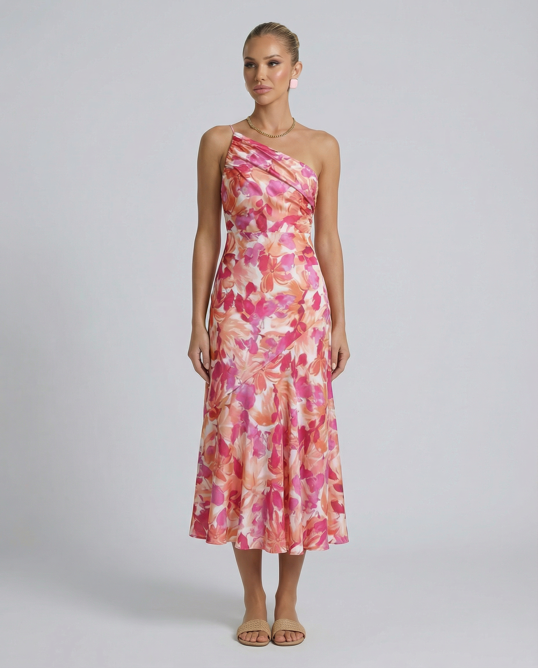 Lizzie | Midi Dress with One Shoulder and Floral Print
