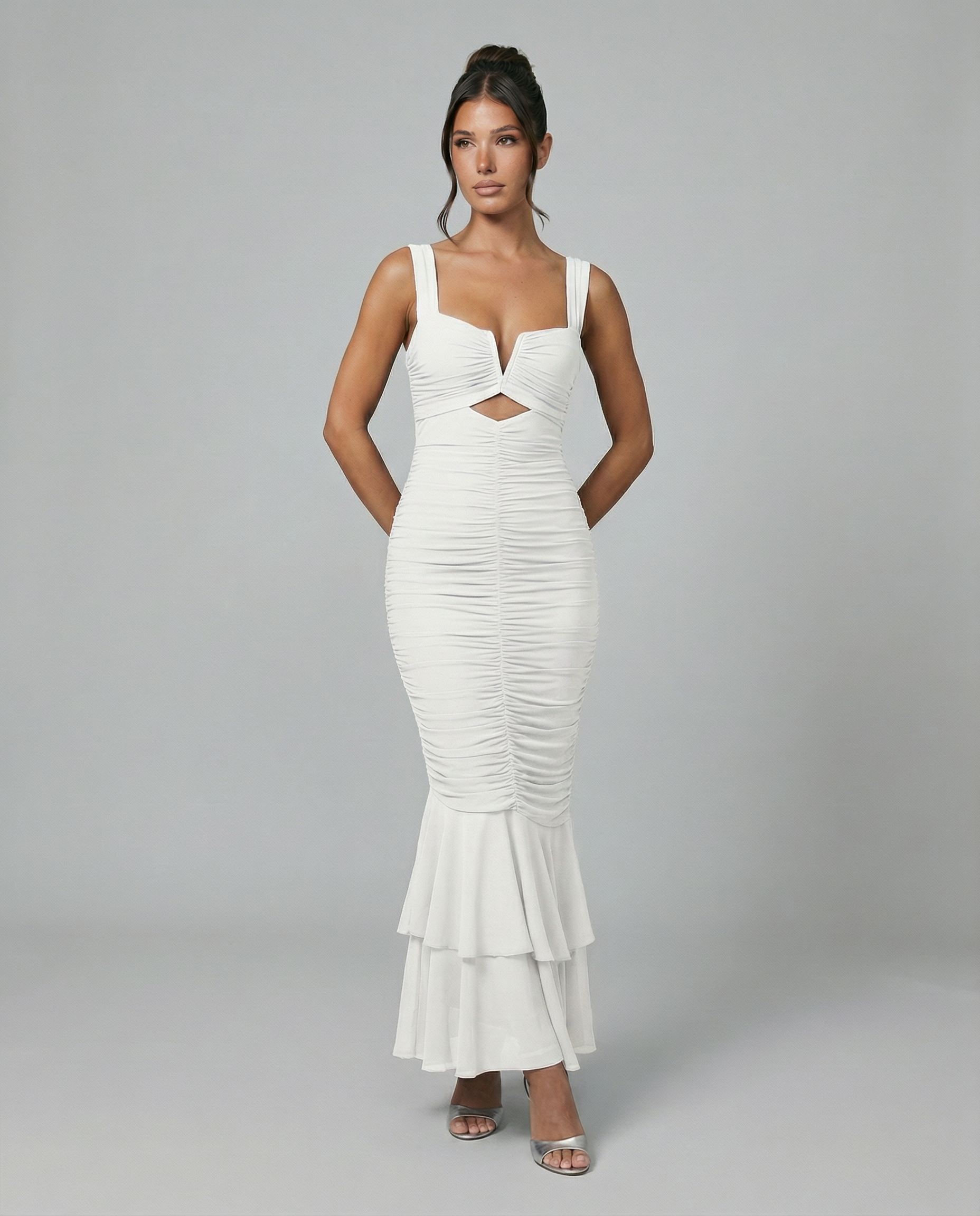 Laverne | Ruched Fishtail Maxi Dress with V-Wire Bust