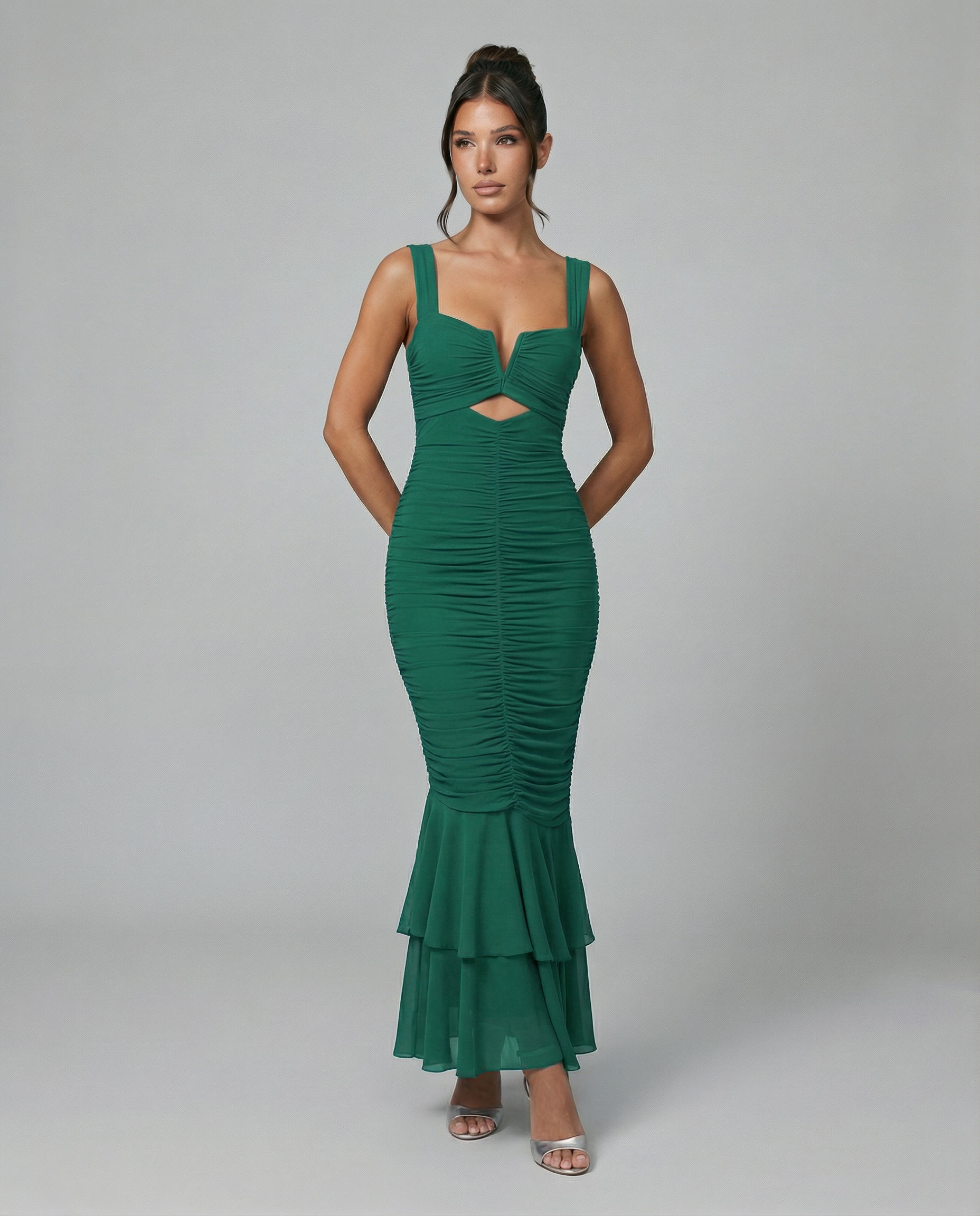 Laverne | Ruched Fishtail Maxi Dress with V-Wire Bust