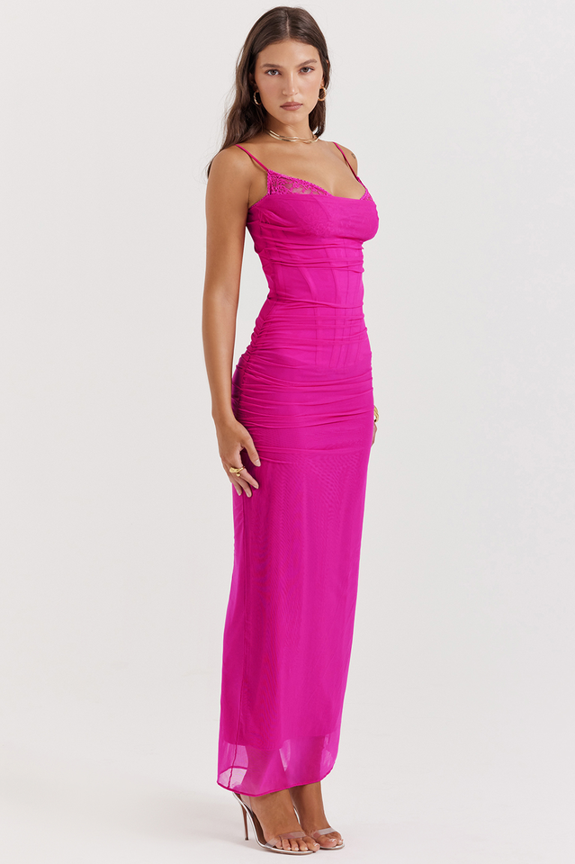 Nalini | Mesh Maxi Dress with Lace Trim and Corset Waist