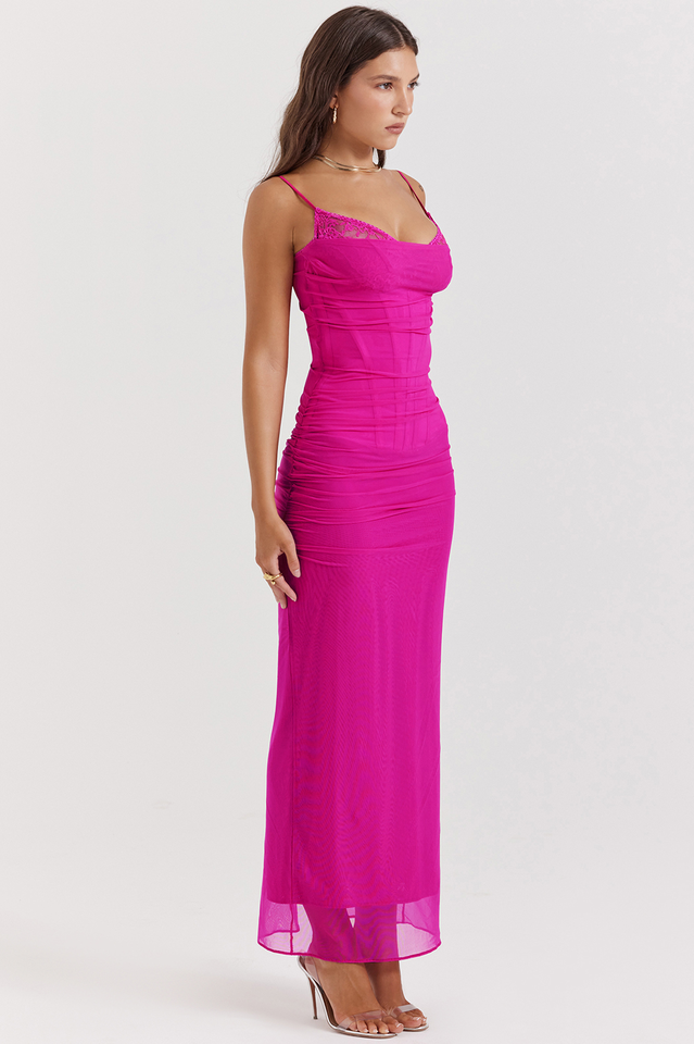 Nalini | Mesh Maxi Dress with Lace Trim and Corset Waist