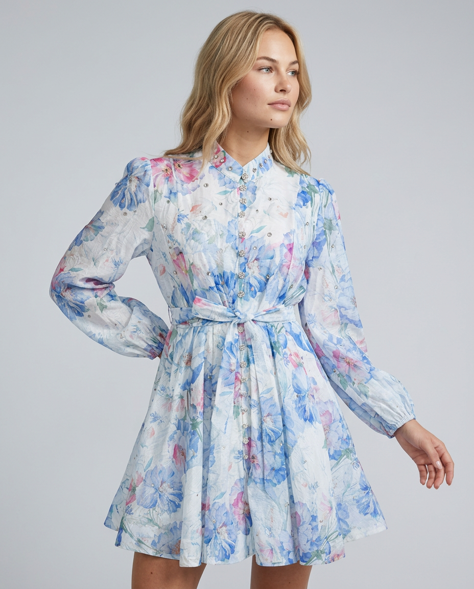 Ellie | Crystal Embellished Floral Print Mini Dress