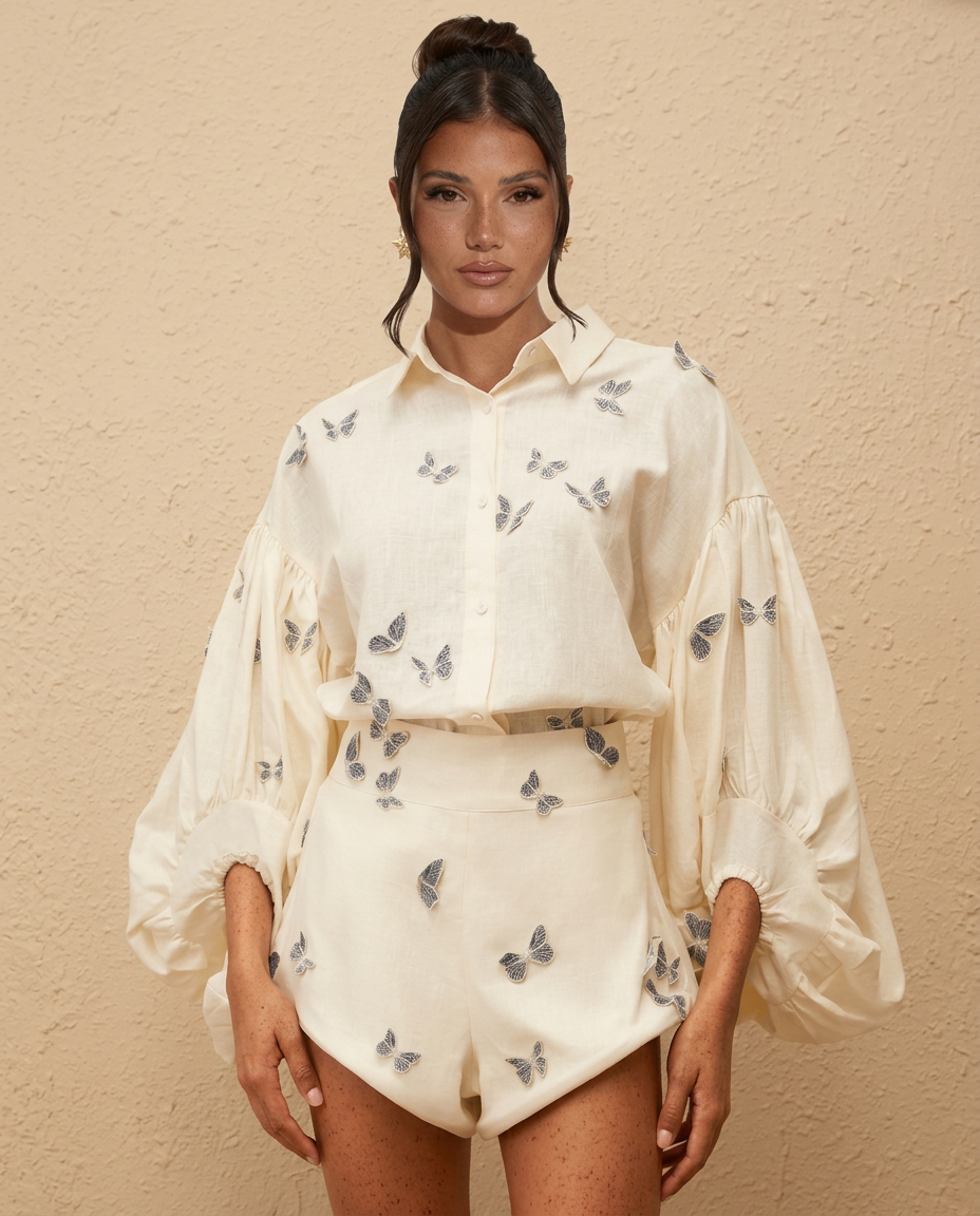 Ophélie | Butterfly Embroidered Linen-Blend Shirt & Shorts Set