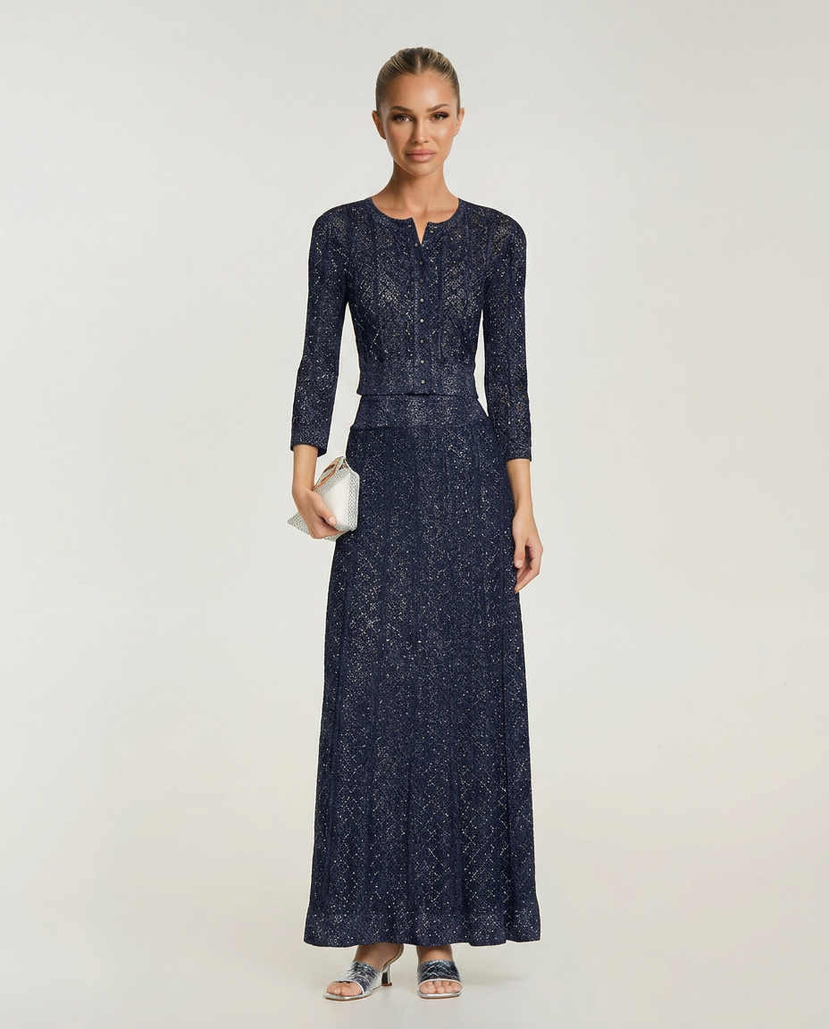 Cora | Rhinestone Knit Cropped Cardigan & Maxi Skirt Set