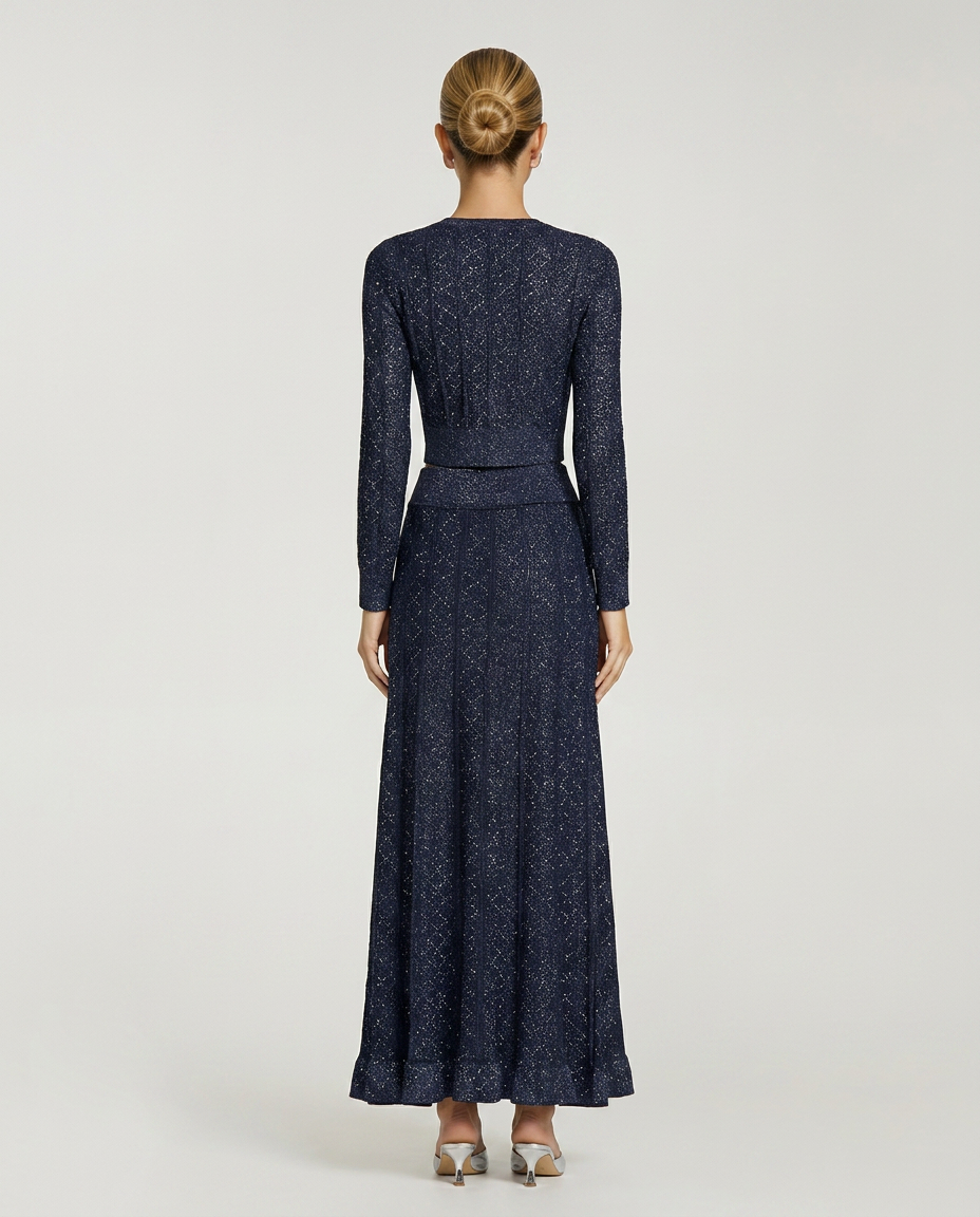 Cora | Rhinestone Knit Cropped Cardigan & Maxi Skirt Set