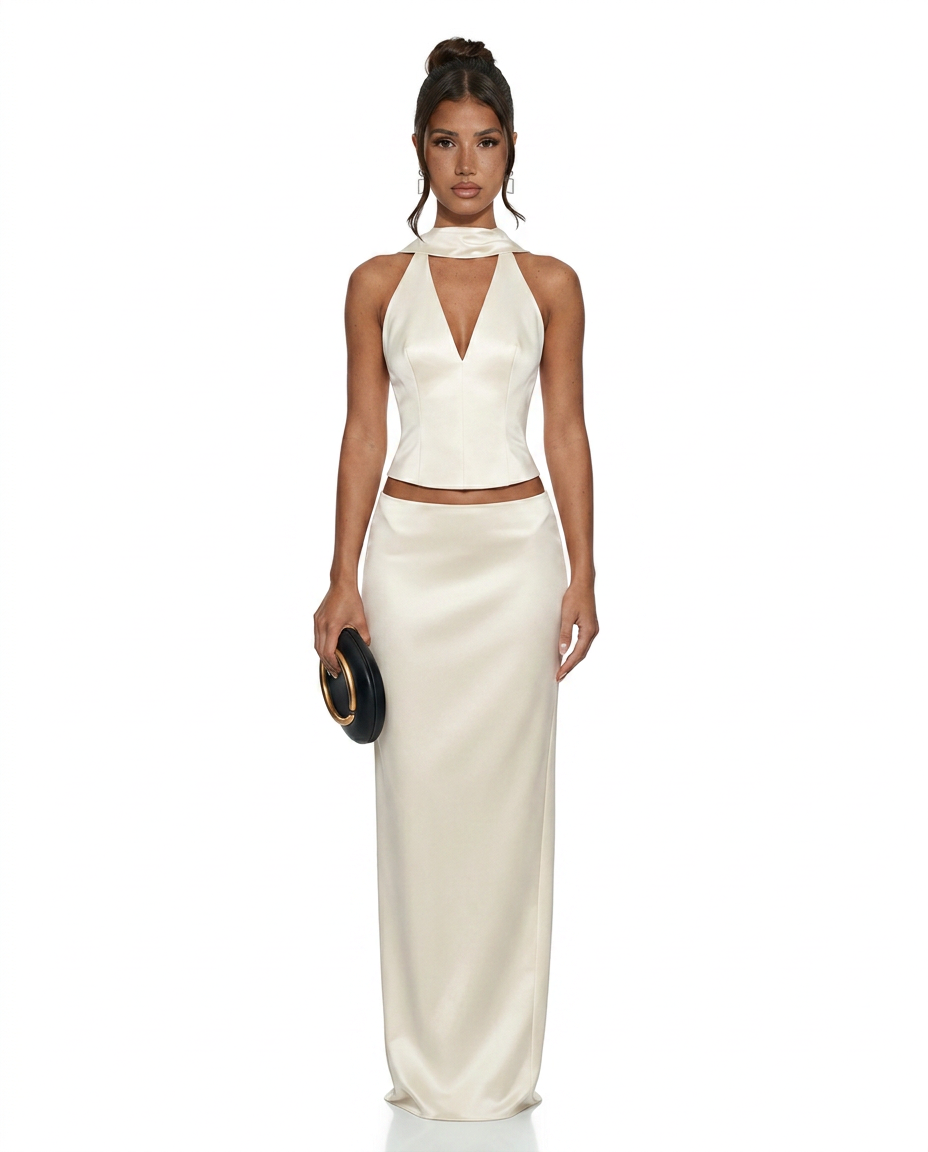 Vera | Halter Plunge Corset Satin-Look Top & Midi Skirt Set