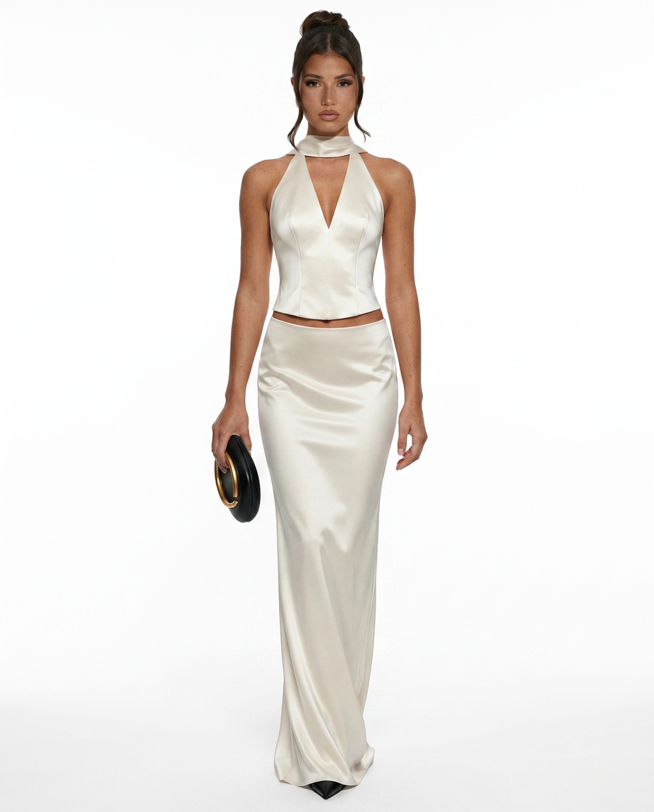Vera | Halter Plunge Corset Satin-Look Top & Midi Skirt Set