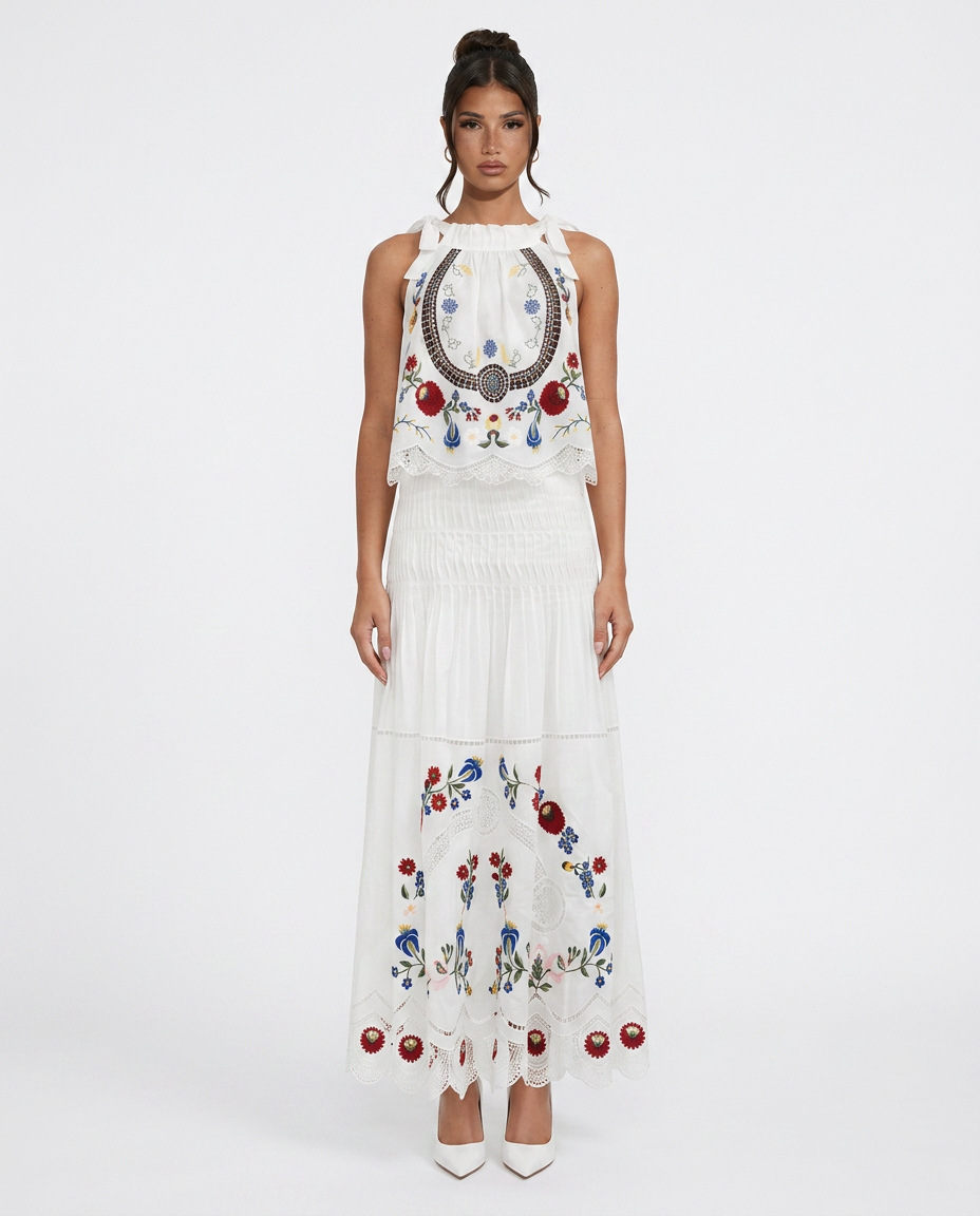 Wyna | Floral Lace-Trim Top & Midi Skirt Set