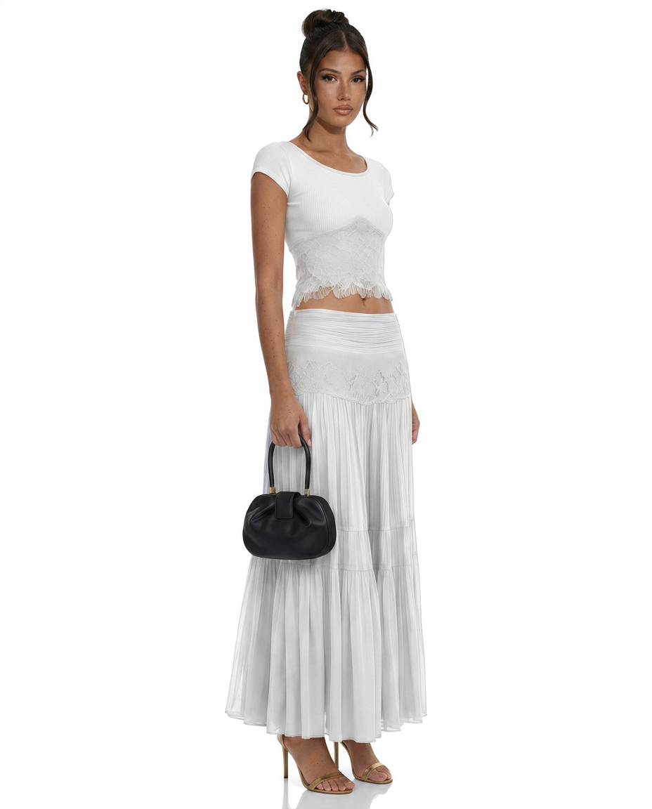 Sloane | Knit Top & Lace Panel Midi Skirt Set