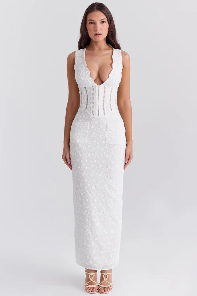 Jane | Maxi Dress with Embroidered Fabric and Deep V Neck