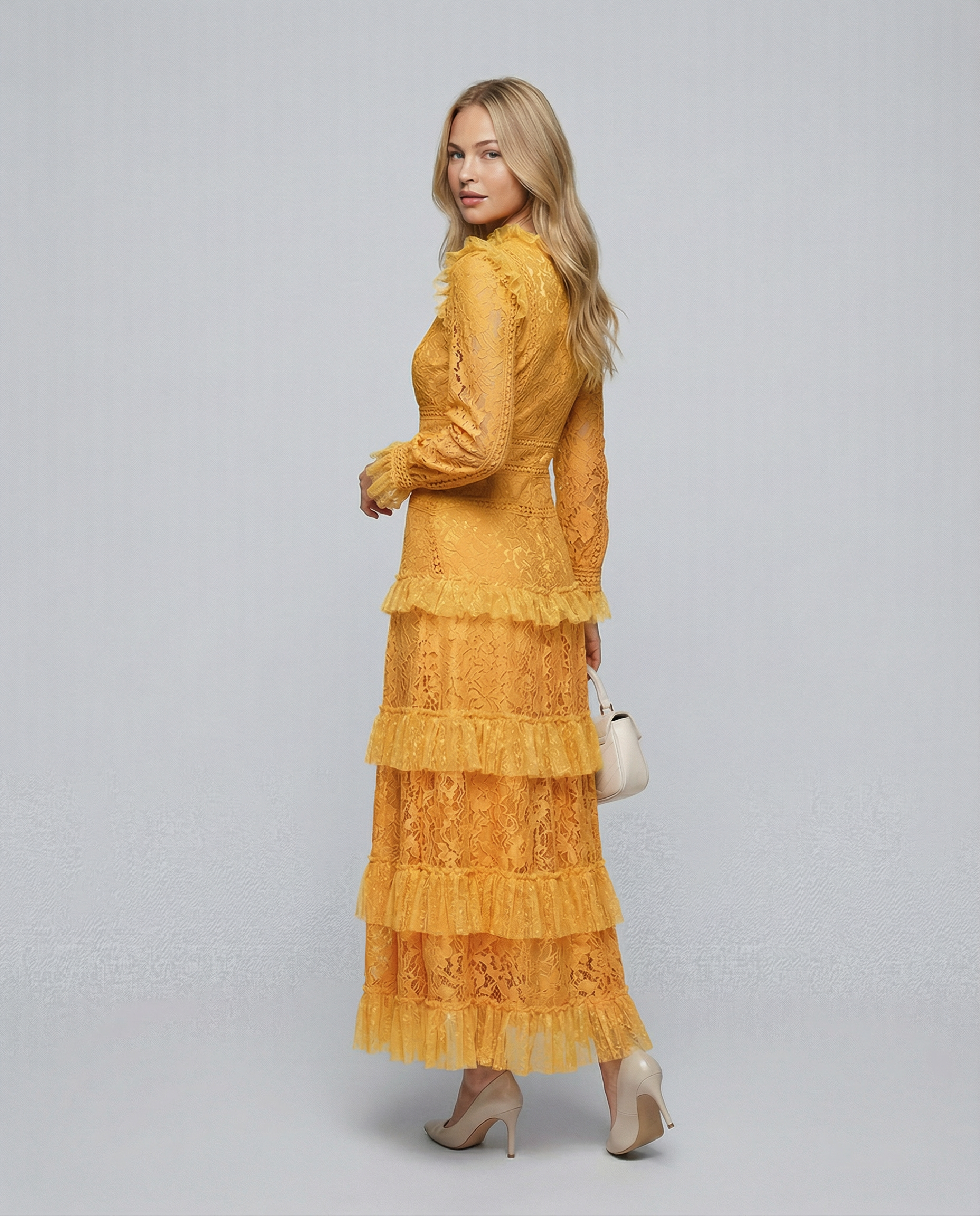 Rebekah | Lace Maxi Dress with Long Sleeves and Tiered Ruffles