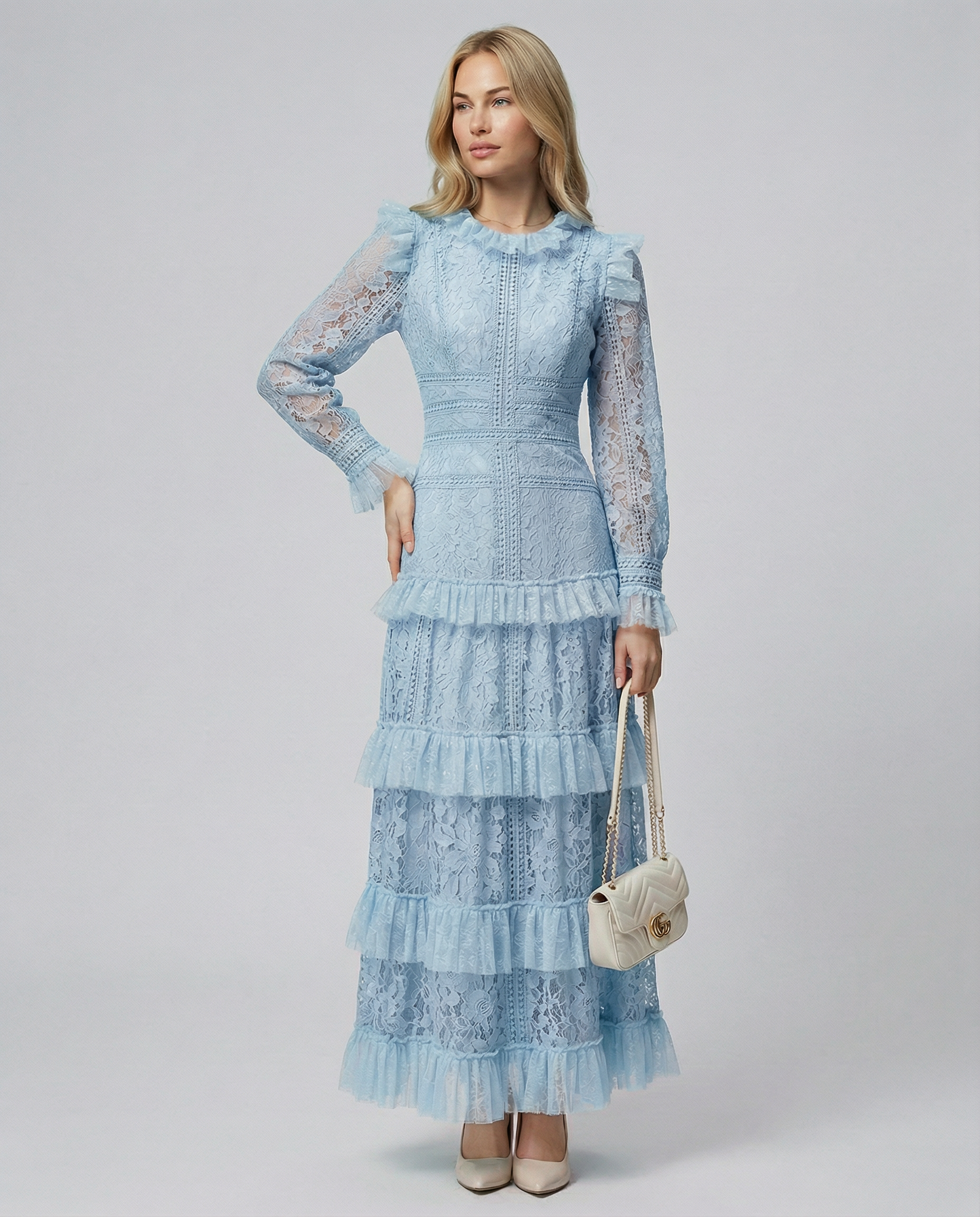 Rebekah | Lace Maxi Dress with Long Sleeves and Tiered Ruffles