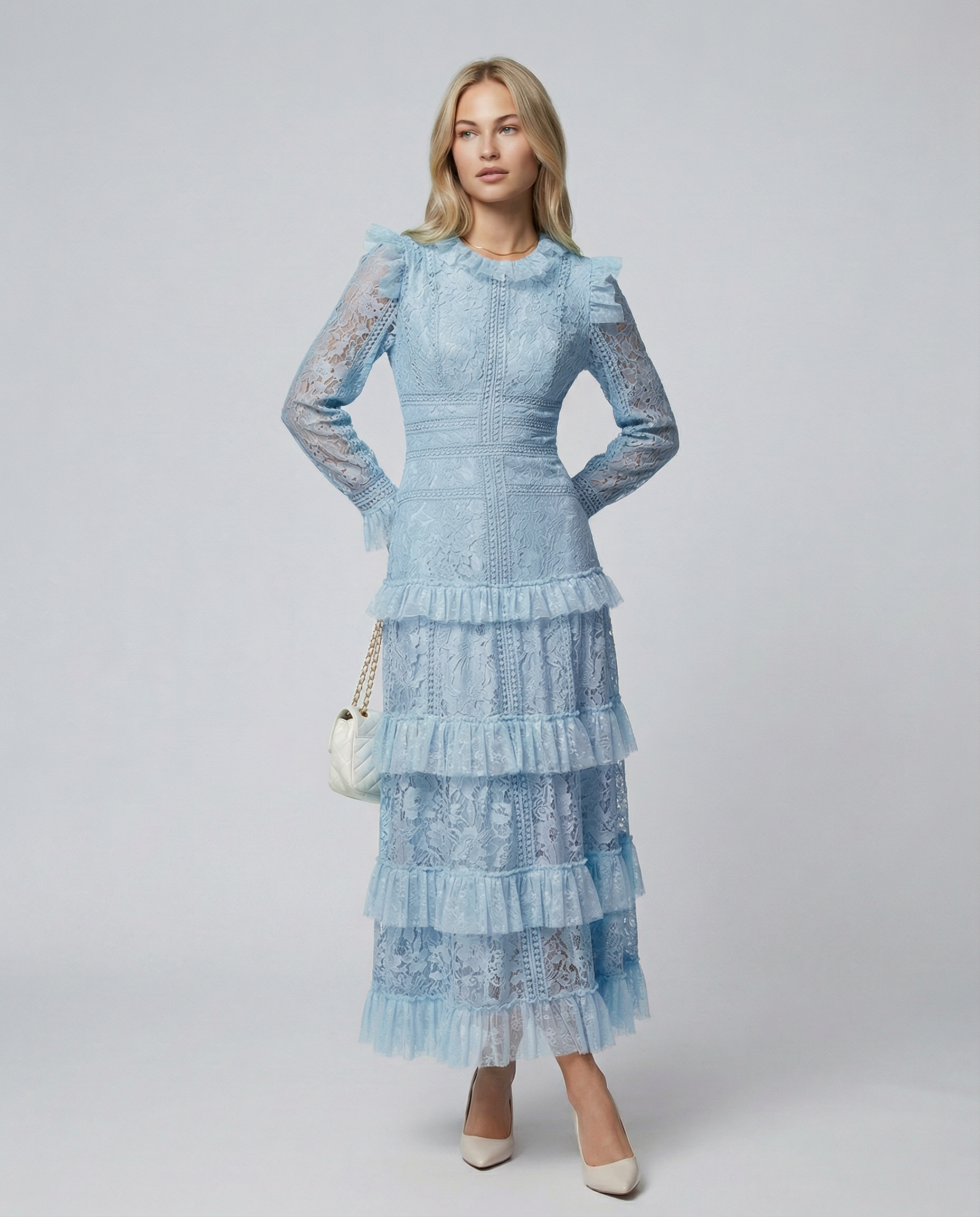 Rebekah | Lace Maxi Dress with Long Sleeves and Tiered Ruffles