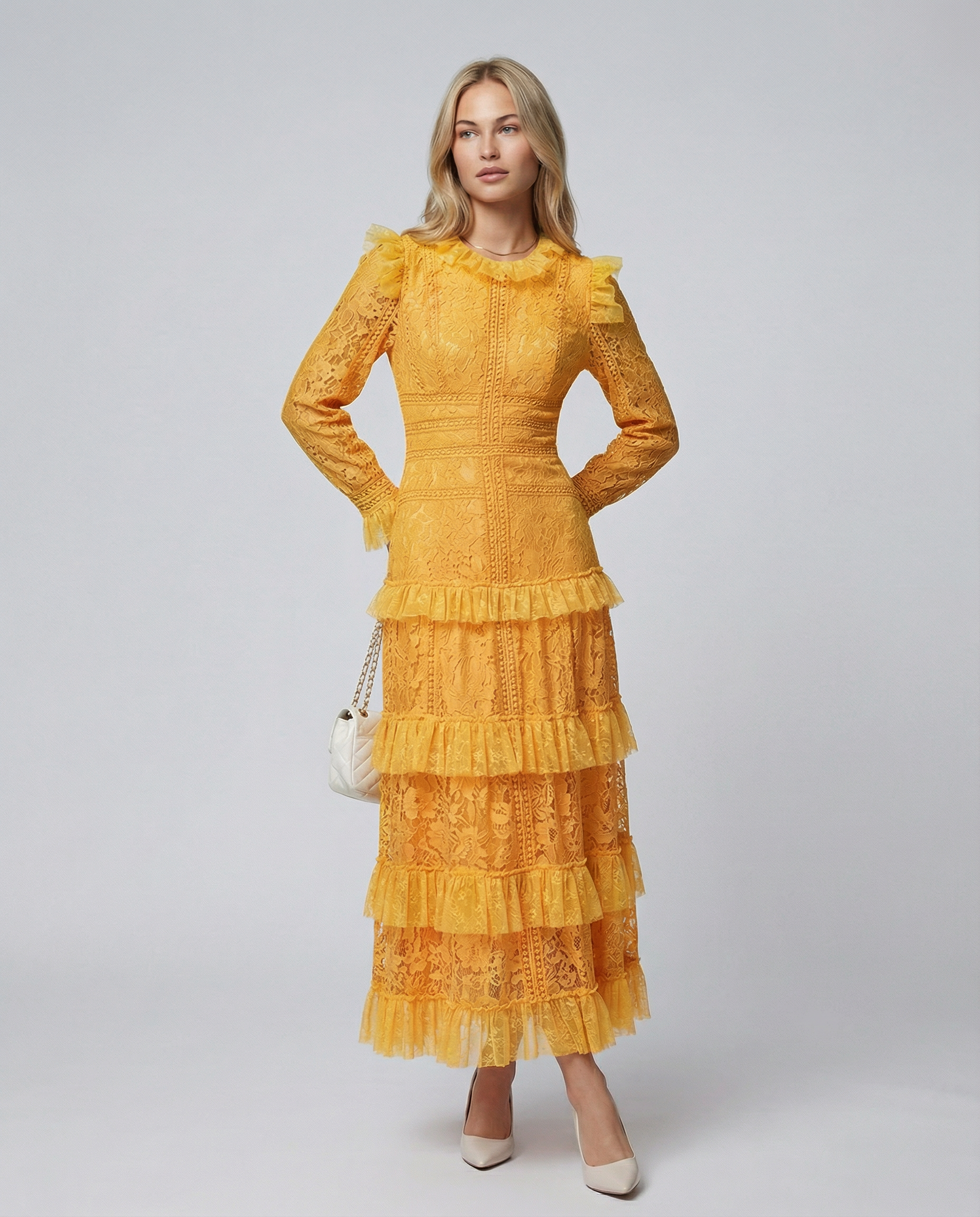 Rebekah | Lace Maxi Dress with Long Sleeves and Tiered Ruffles