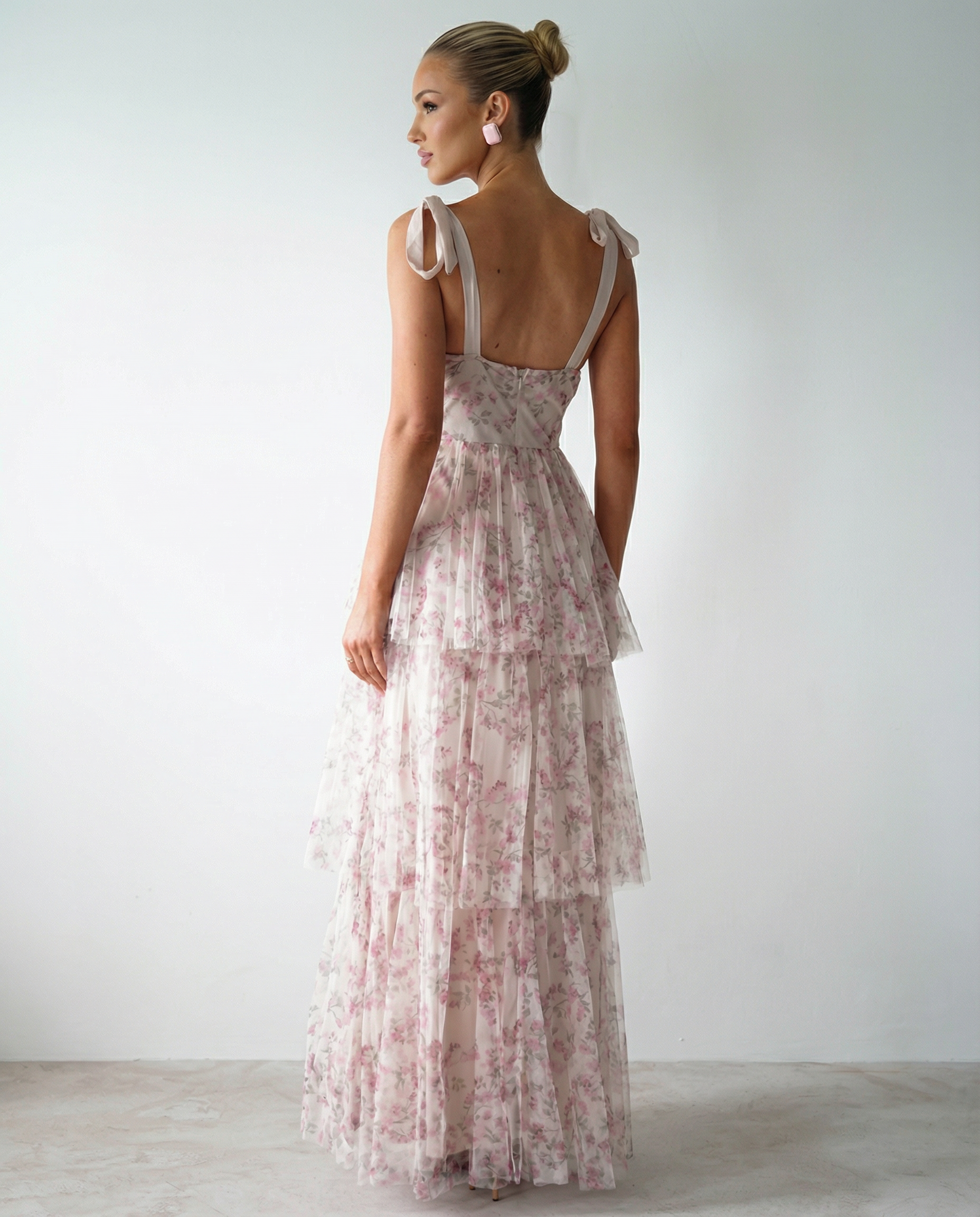 Patty | Floral Tulle Maxi Dress with Tie Straps and Tiered Skirt
