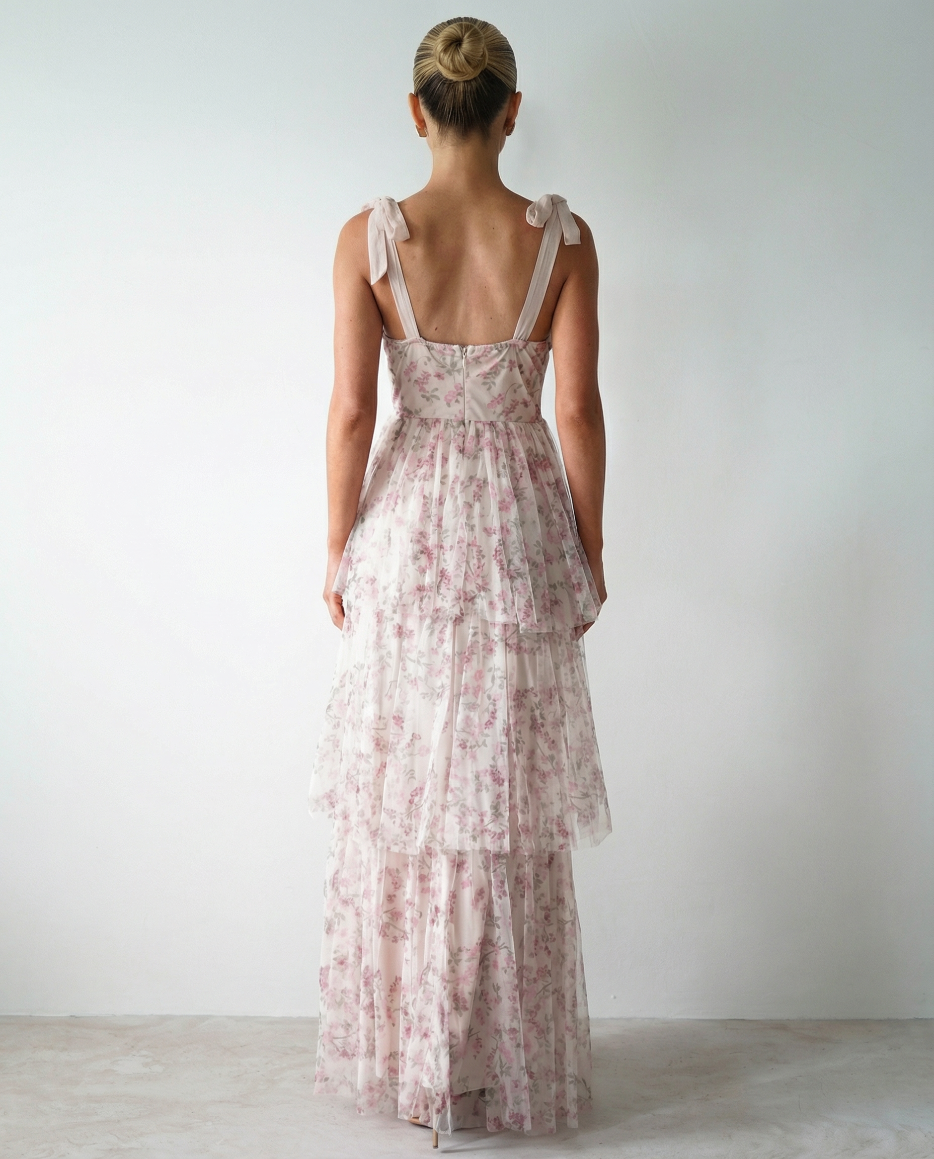 Patty | Floral Tulle Maxi Dress with Tie Straps and Tiered Skirt