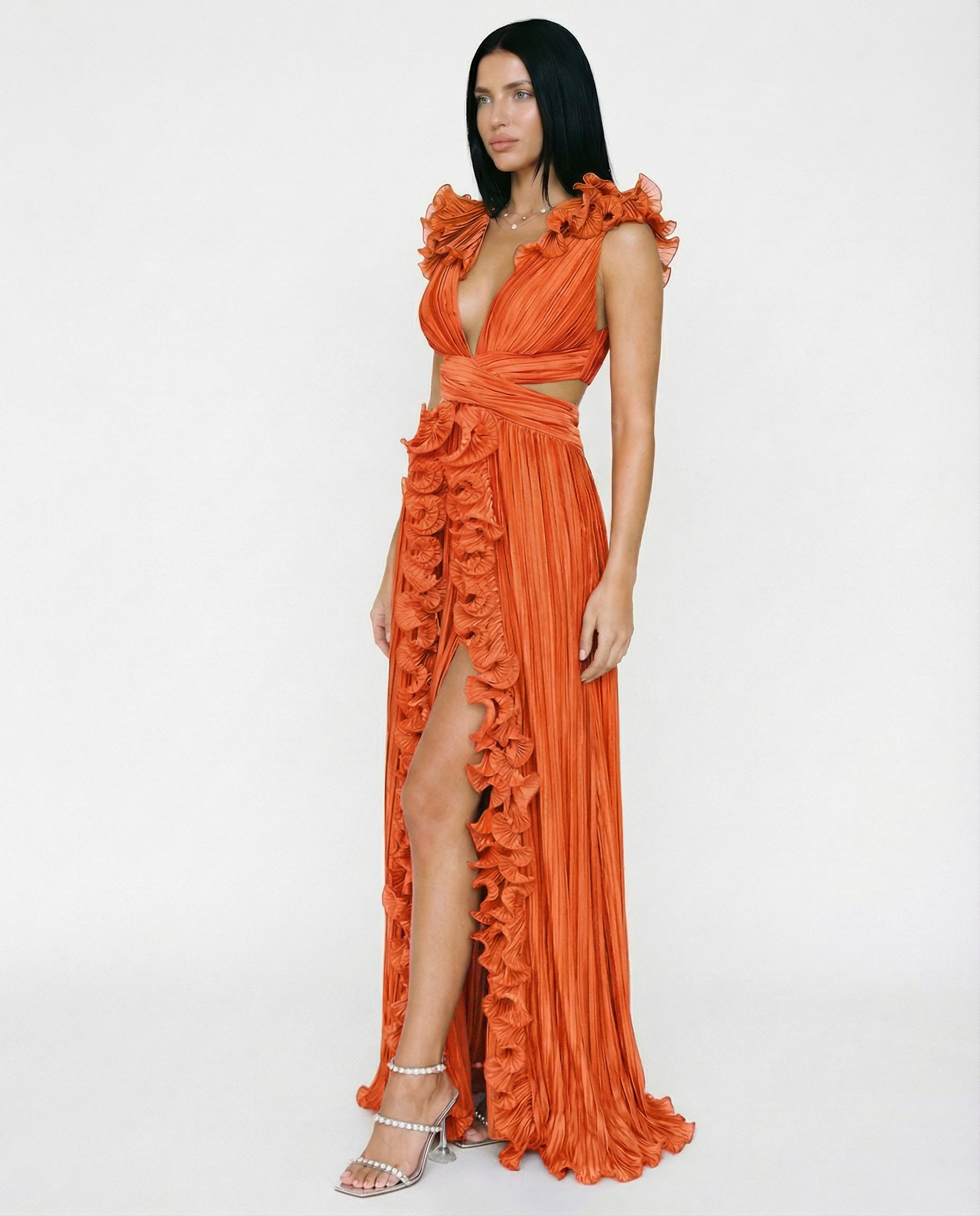 Taylor | Pleated V-Neck Maxi Dress with Cut-Out and Front Split
