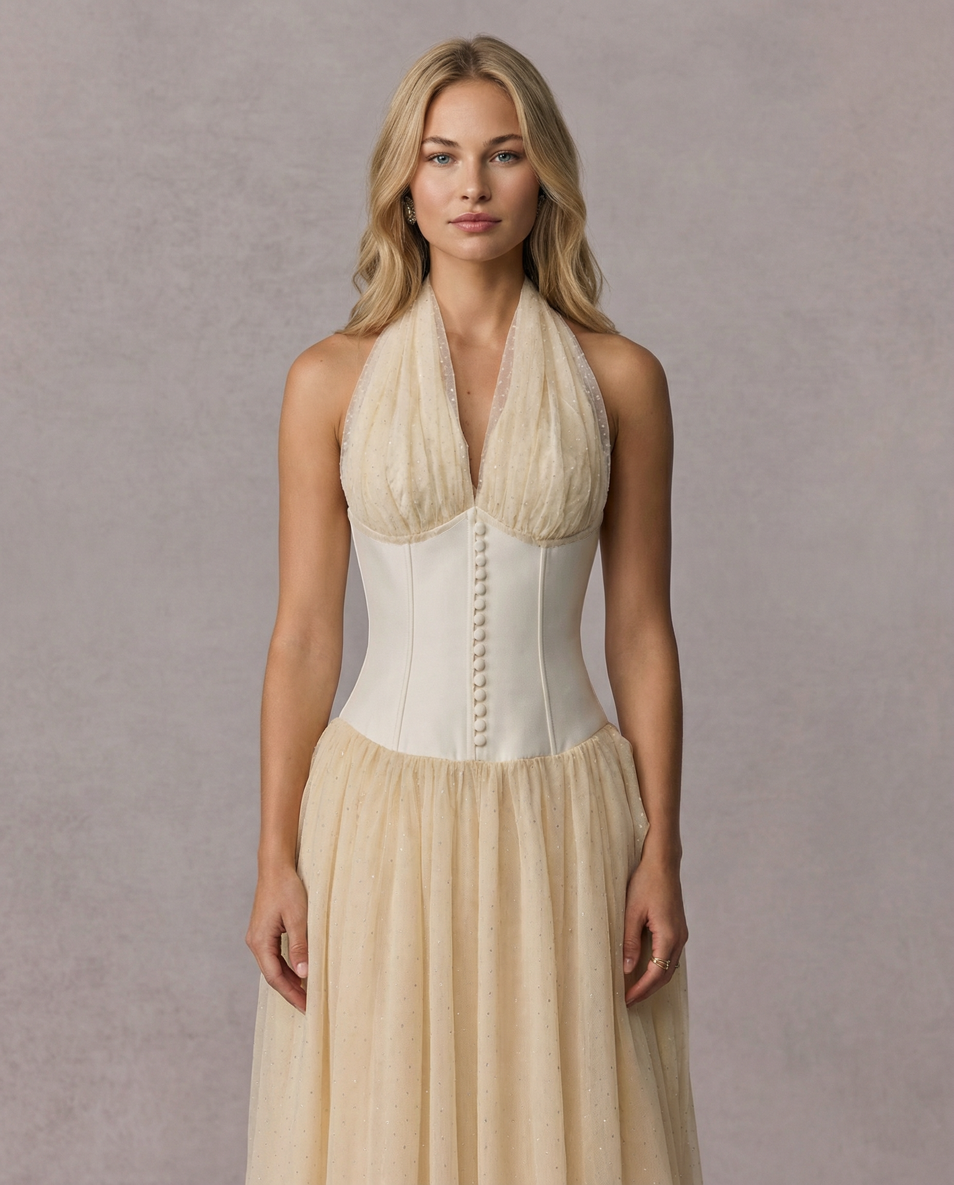 Vivien | Halterneck Maxi Dress with Tulle Overlay