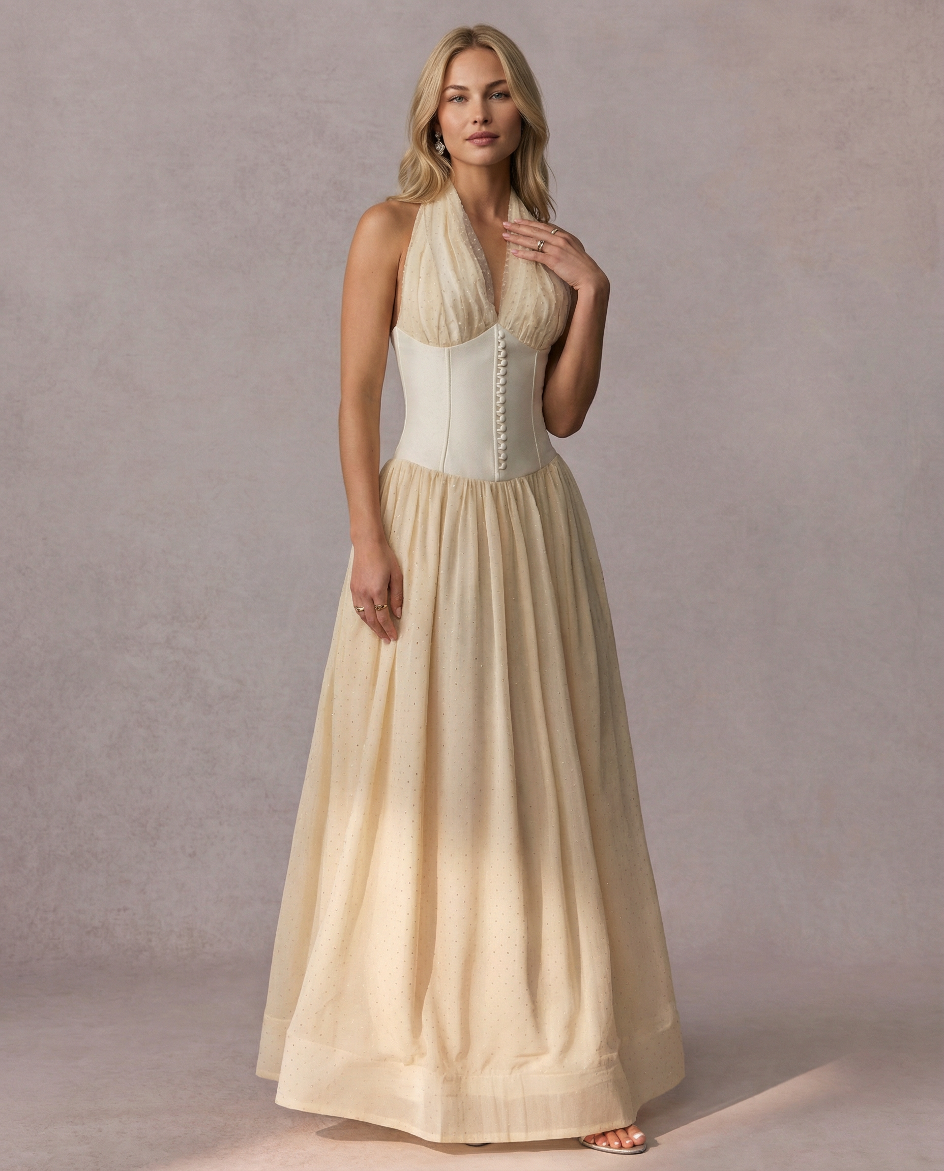 Vivien | Halterneck Maxi Dress with Tulle Overlay