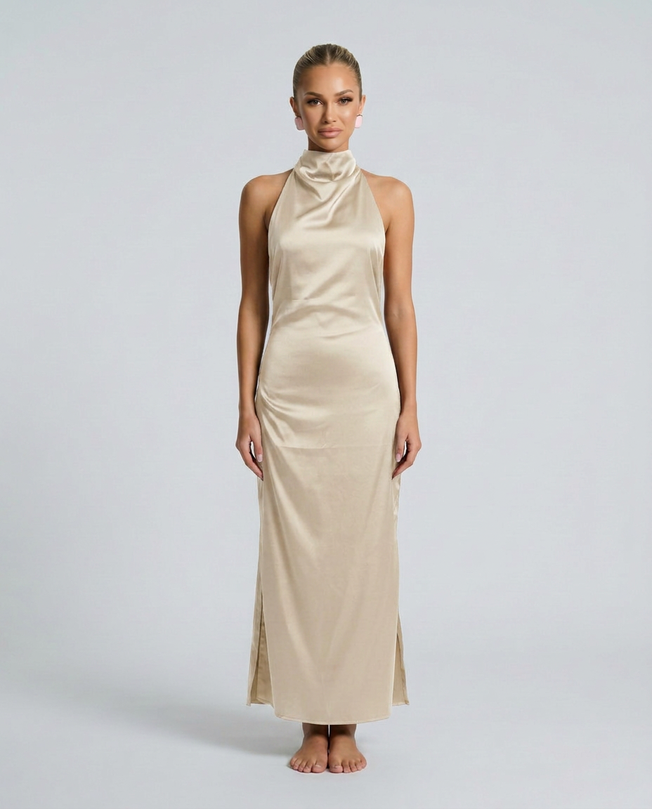 Savannah | One-Shoulder Scarf Detail Satin-Look Maxi Dress