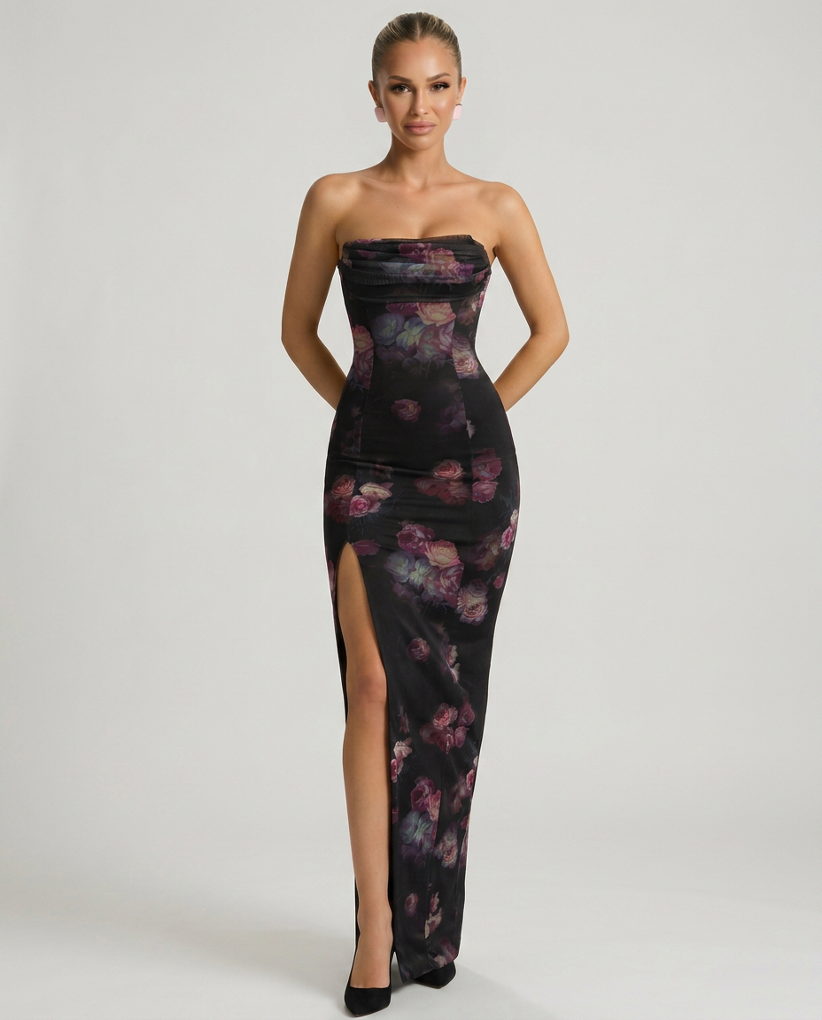 Flossie | Floral Bandeau Cowl-Neck Maxi Dress