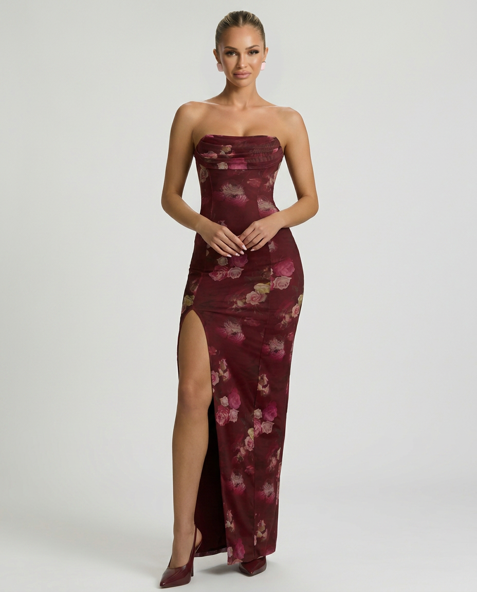 Flossie | Floral Bandeau Cowl-Neck Maxi Dress