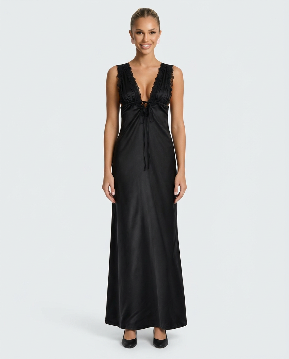 Paige | V-Neck Lace Black Tie Maxi Dress