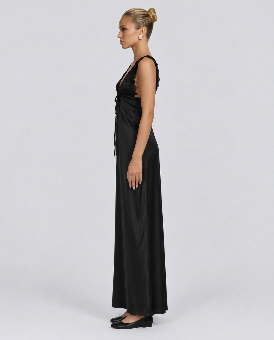 Paige | V-Neck Lace Black Tie Maxi Dress