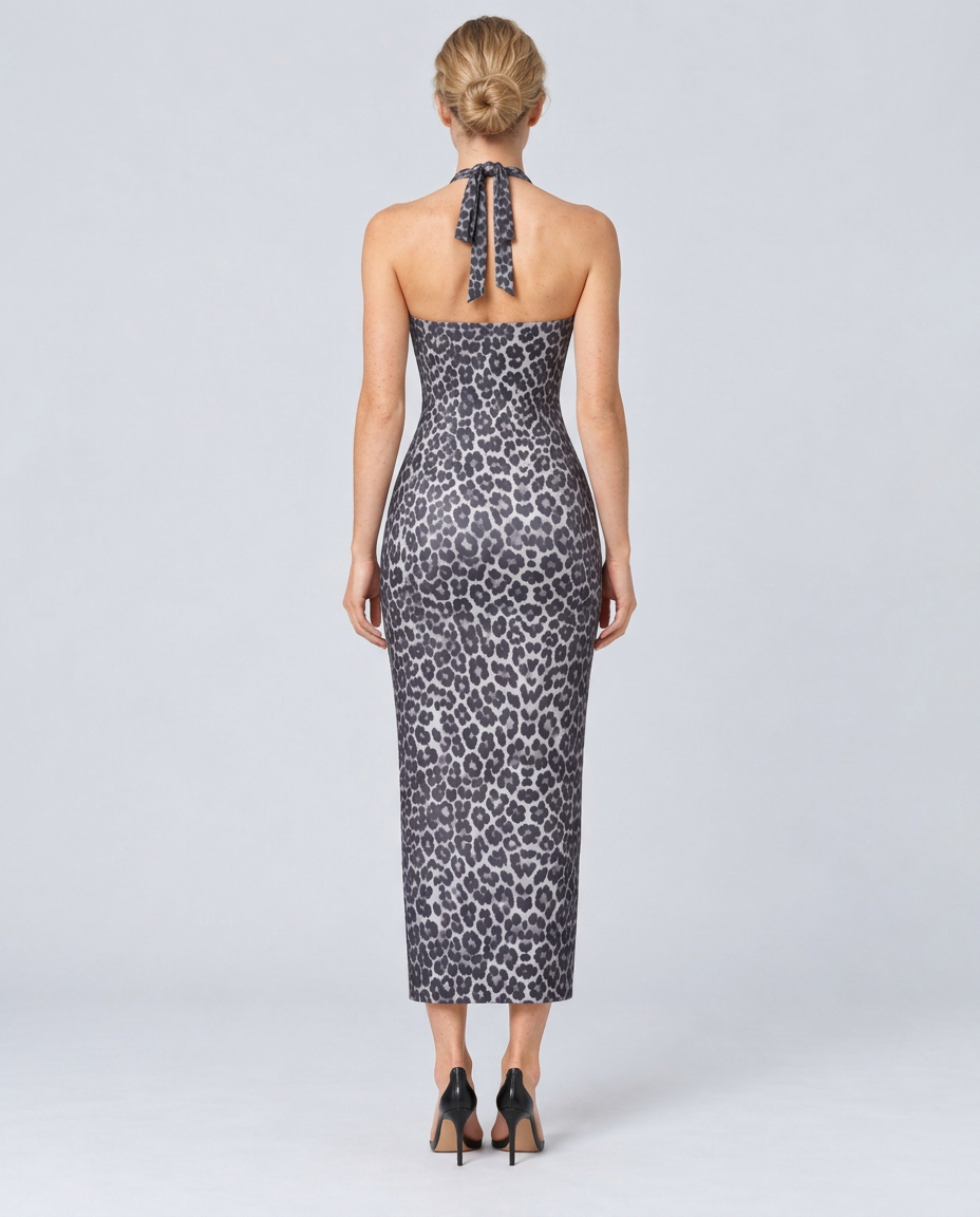 Yara | Halterneck Bodycon Leopard Print Midi Dress