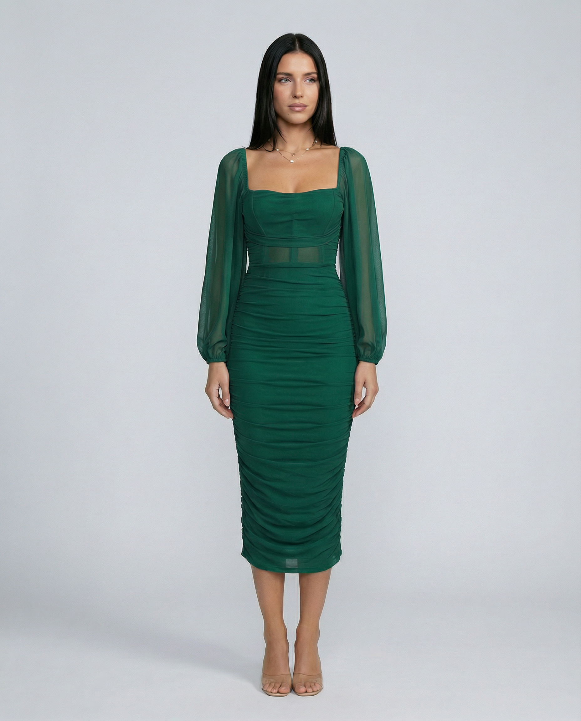 Debra | Ruched Midi Dress with Sheer Long Sleeves