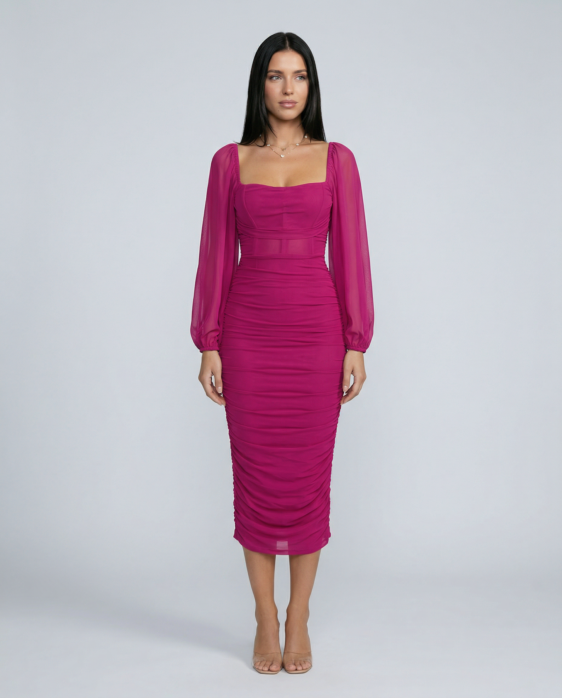 Debra | Ruched Midi Dress with Sheer Long Sleeves