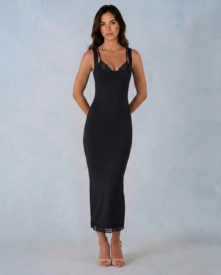 Elma | Lace-Trim Square Neck Midi Dress