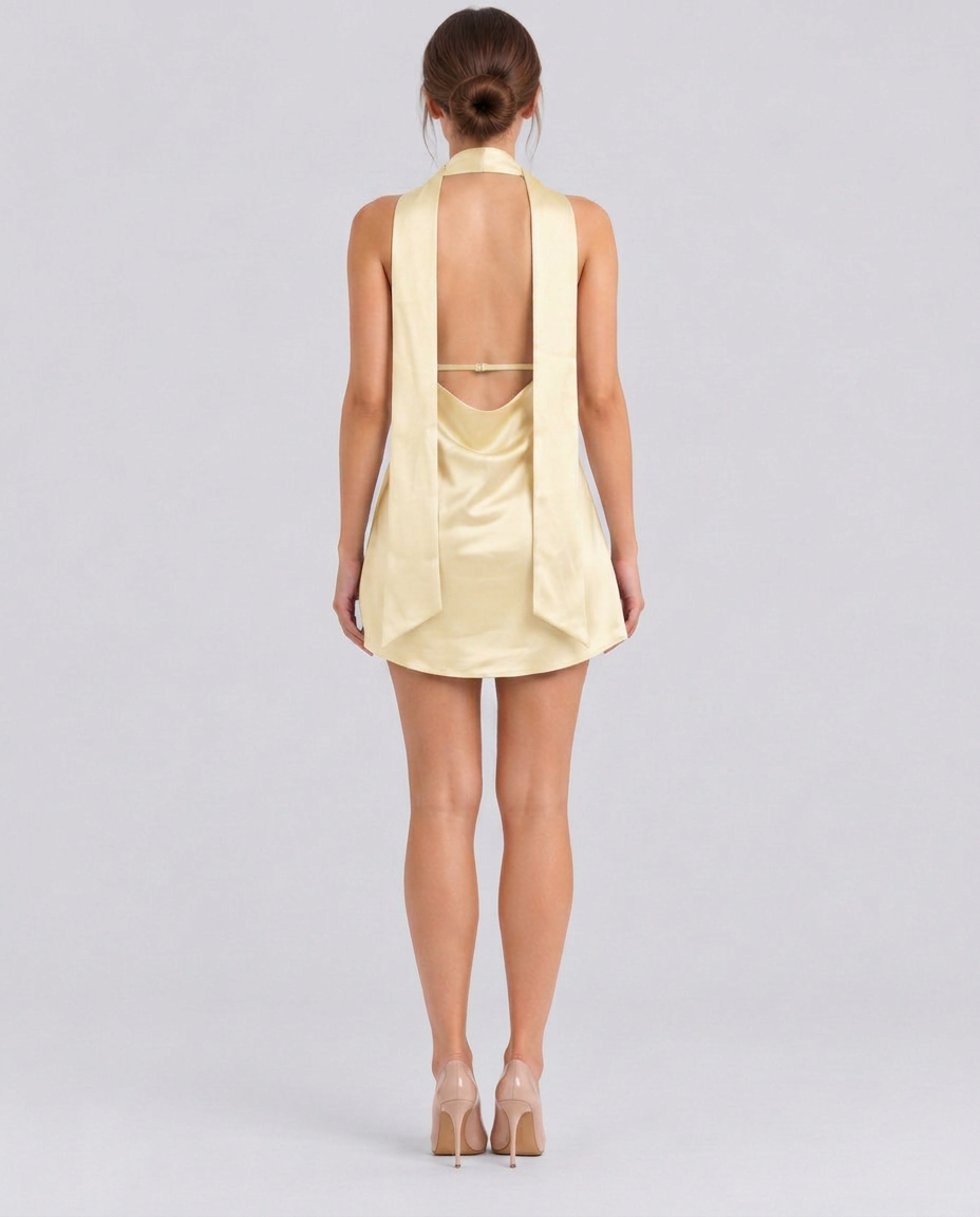 Naia | Plunge Neck Ruched Draped Back Mini Dress